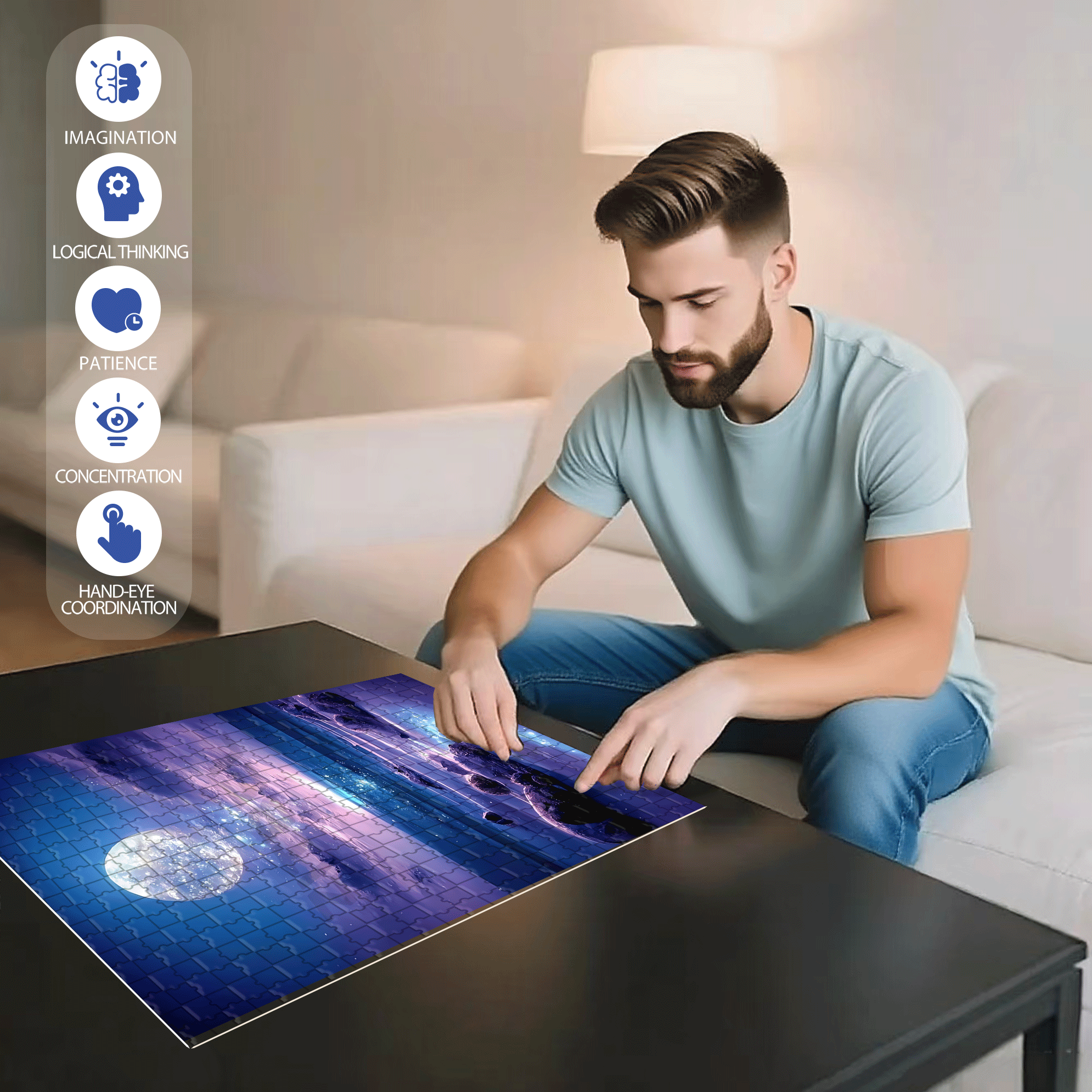 Purple Sea Full Moon 500pcs/1000pcs Jigsaw Puzzle, Scratch-Resistant, Interactive Family Game & Brain-Boosting DIY Decor, Perfect for Halloween, Christmas & New Year Gifts, Family Puzzle Game