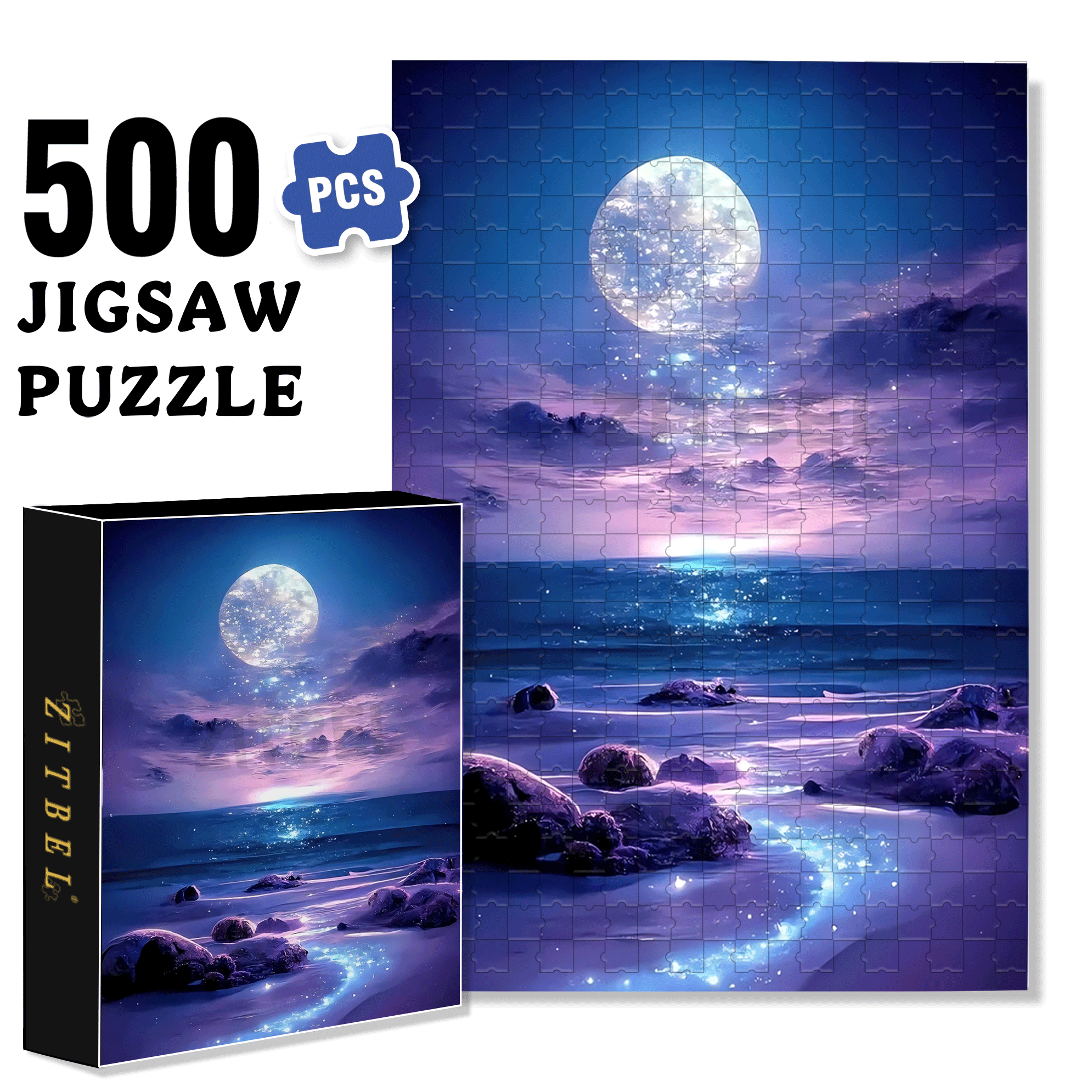 Purple Sea Full Moon 500pcs/1000pcs Jigsaw Puzzle, Scratch-Resistant, Interactive Family Game & Brain-Boosting DIY Decor, Perfect for Halloween, Christmas & New Year Gifts, Family Puzzle Game