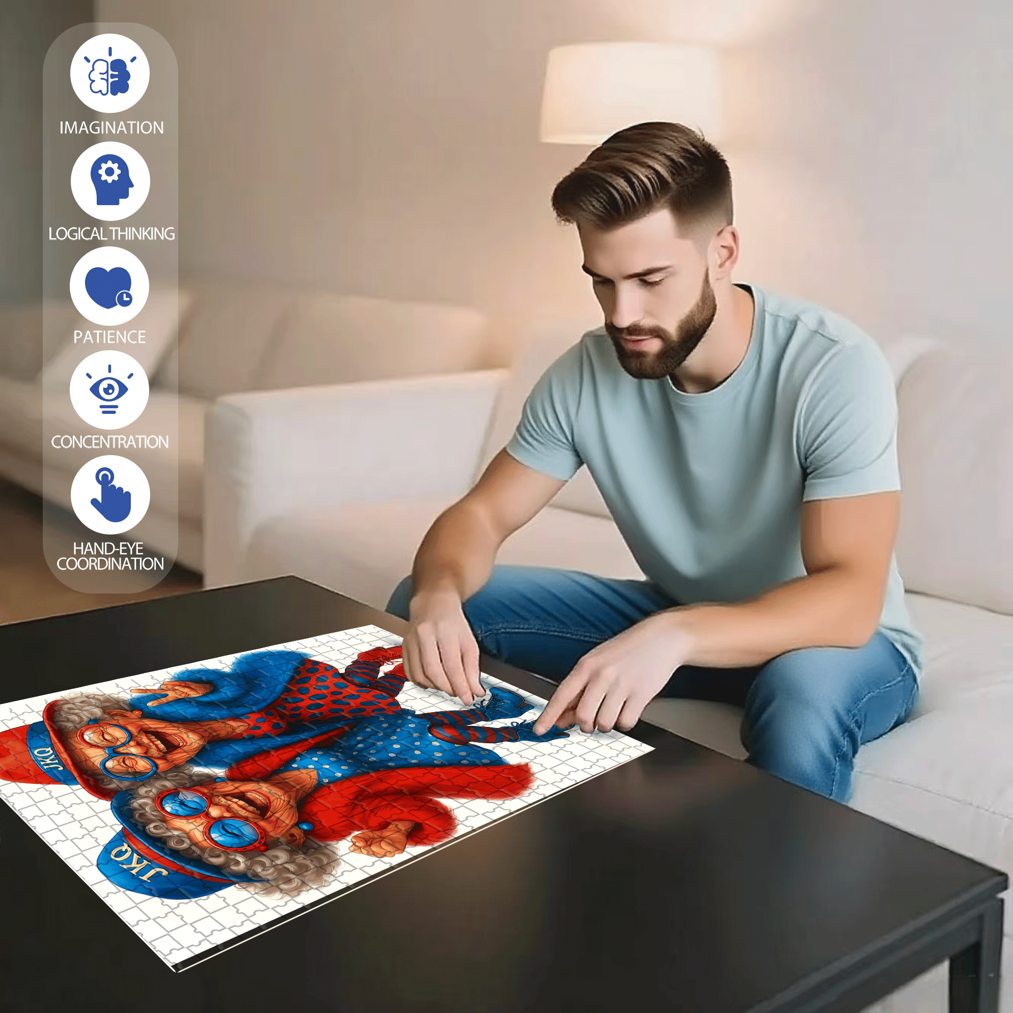 Red and Blue Old Friends Series 500pcs/1000pcs Jigsaw Puzzle, Scratch-Resistant, Interactive Family Game & Brain-Boosting DIY Decor, Perfect for Halloween, Christmas & New Year Gifts, Family Puzzle Game