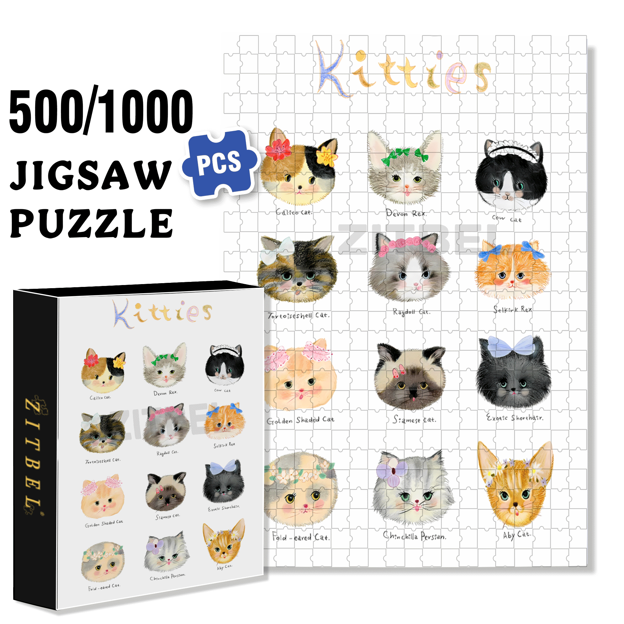 Round Cheek Kitties 500pcs/1000pcs Jigsaw Puzzle, Scratch-Resistant, Interactive Family Game & Brain-Boosting DIY Decor, Perfect for Halloween, Christmas & New Year Gifts, Family Puzzle Game