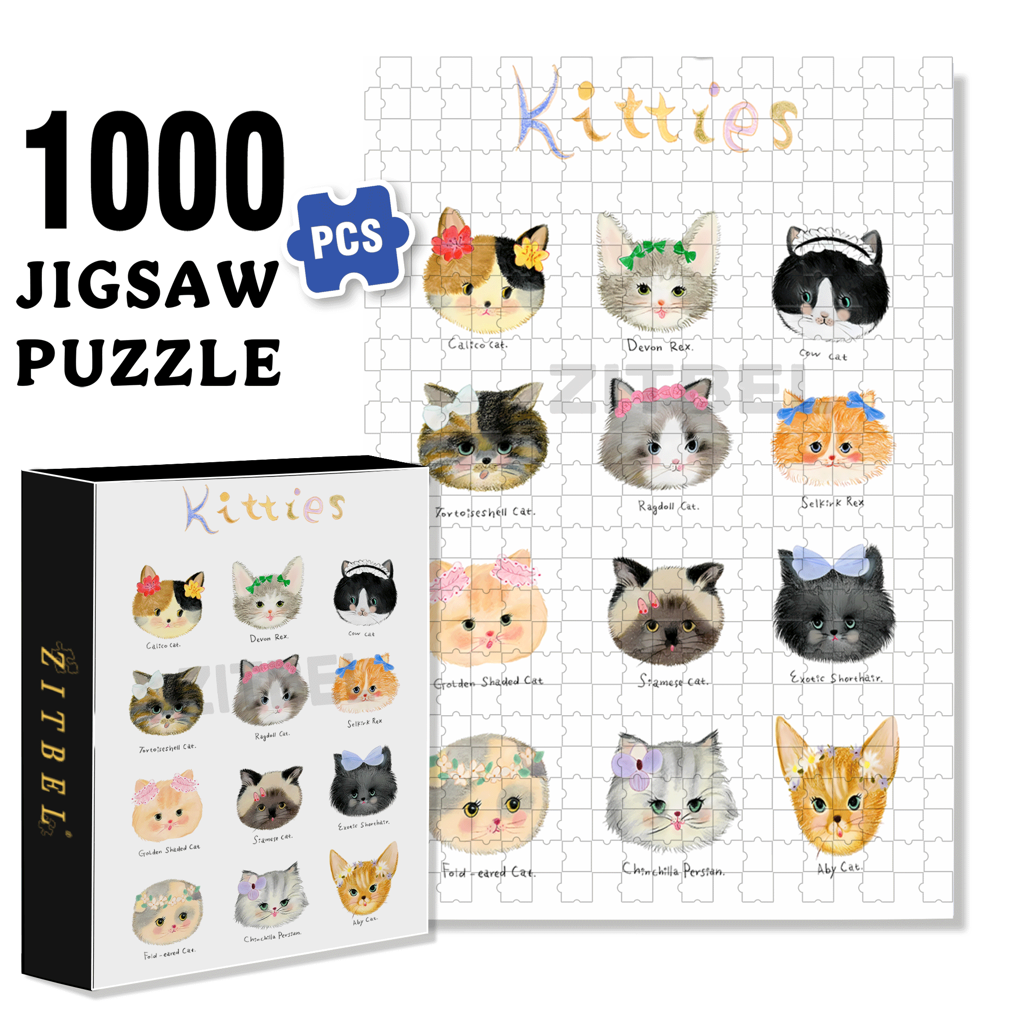 Round Cheek Kitties 500pcs/1000pcs Jigsaw Puzzle, Scratch-Resistant, Interactive Family Game & Brain-Boosting DIY Decor, Perfect for Halloween, Christmas & New Year Gifts, Family Puzzle Game