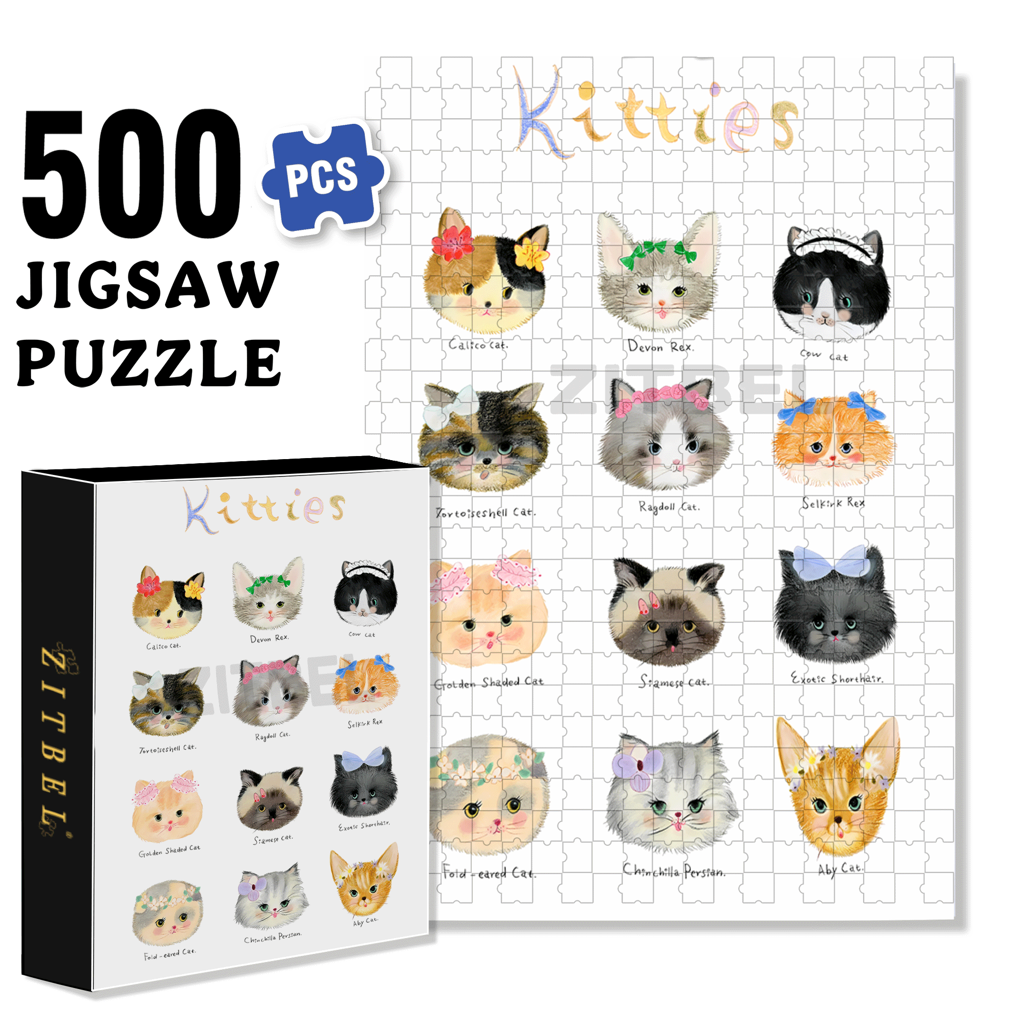 Round Cheek Kitties 500pcs/1000pcs Jigsaw Puzzle, Scratch-Resistant, Interactive Family Game & Brain-Boosting DIY Decor, Perfect for Halloween, Christmas & New Year Gifts, Family Puzzle Game