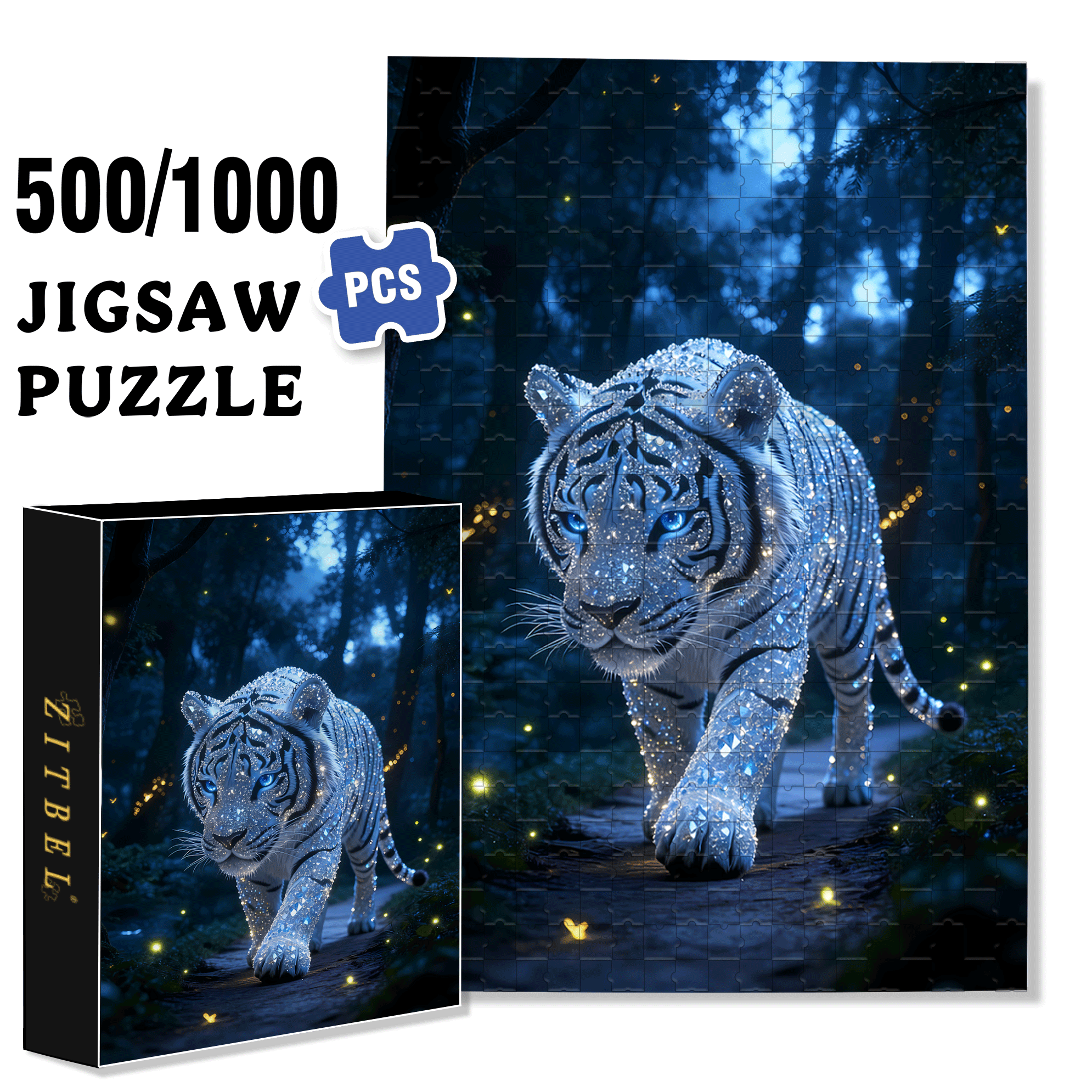 Star Diamond White Tiger 500pcs/1000pcs Jigsaw Puzzle, Scratch-Resistant, Interactive Family Game & Brain-Boosting DIY Decor, Perfect for Halloween, Christmas & New Year Gifts, Family Puzzle Game