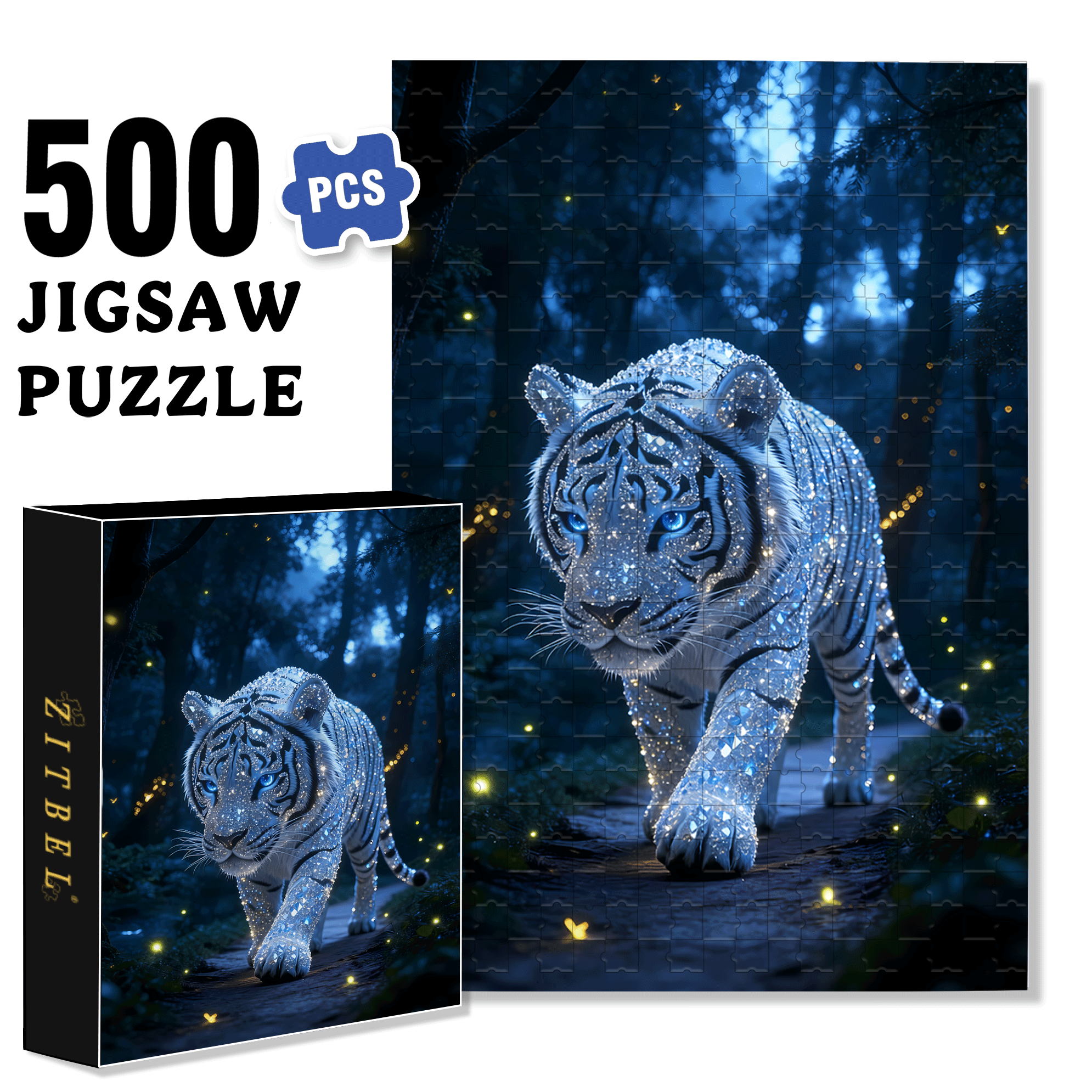 Star Diamond White Tiger 500pcs/1000pcs Jigsaw Puzzle, Scratch-Resistant, Interactive Family Game & Brain-Boosting DIY Decor, Perfect for Halloween, Christmas & New Year Gifts, Family Puzzle Game