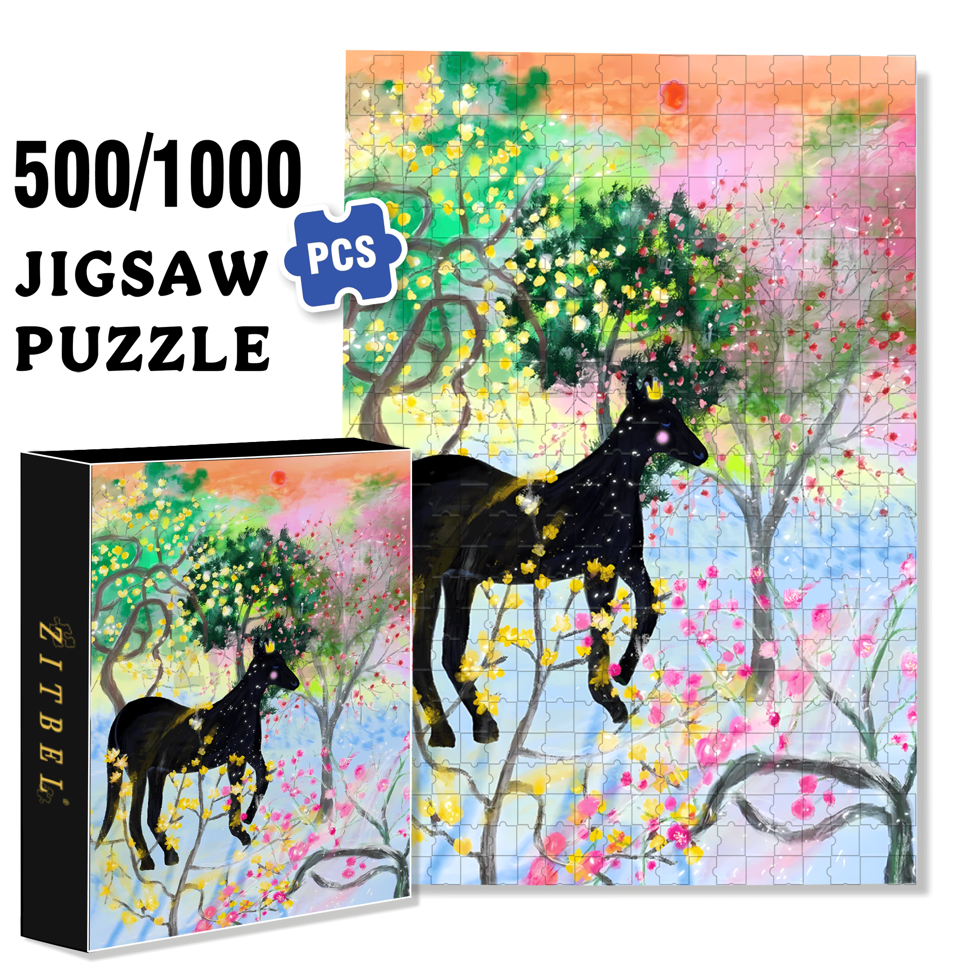 The Black Steed 500pcs/1000pcs Jigsaw Puzzle, Scratch-Resistant, Interactive Family Game & Brain-Boosting DIY Decor, Perfect for Halloween, Christmas & New Year Gifts, Family Puzzle Game