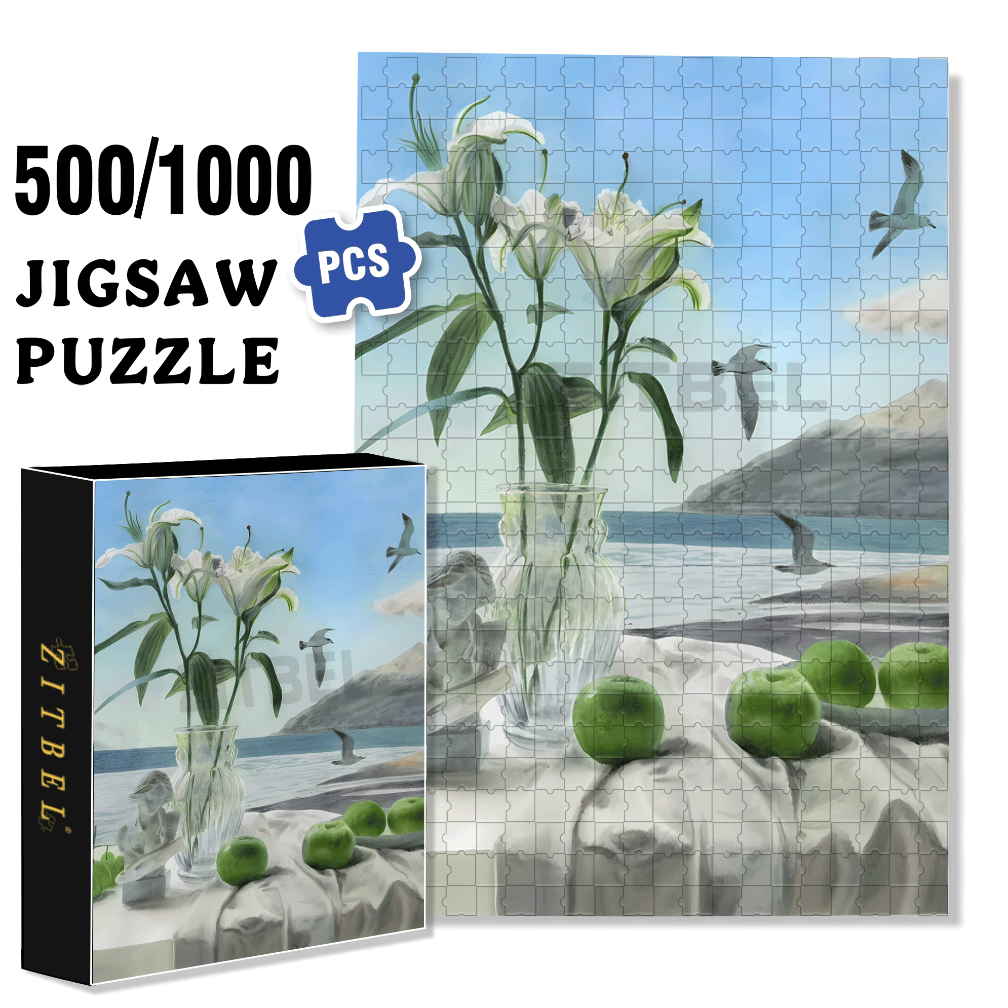 The Green Apples By The Seaside 500pcs/1000pcs Jigsaw Puzzle, Scratch-Resistant, Interactive Family Game & Brain-Boosting DIY Decor, Perfect for Halloween, Christmas & New Year Gifts, Family Puzzle Game