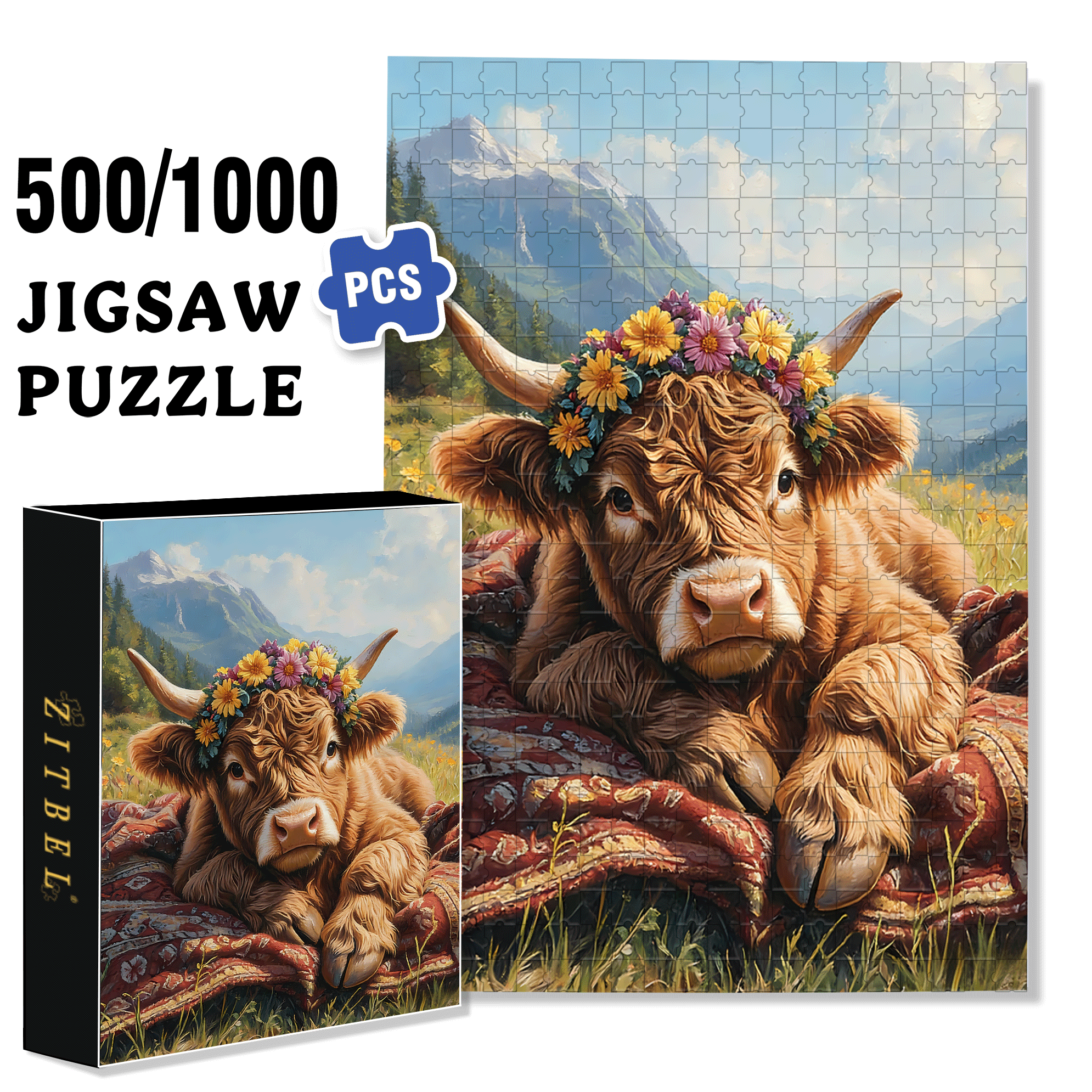 The Highland Cow Wearing A Garland 500pcs/1000pcs Jigsaw Puzzle, Scratch-Resistant, Interactive Family Game & Brain-Boosting DIY Decor, Perfect for Halloween, Christmas & New Year Gifts, Family Puzzle Game