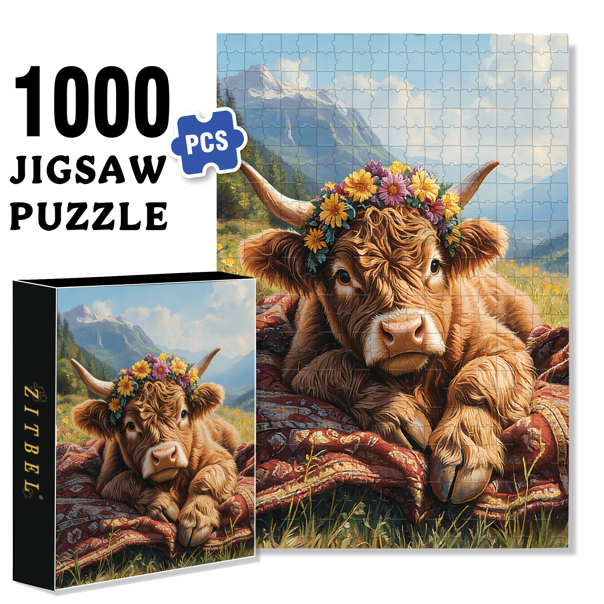 The Highland Cow Wearing A Garland 500pcs/1000pcs Jigsaw Puzzle, Scratch-Resistant, Interactive Family Game & Brain-Boosting DIY Decor, Perfect for Halloween, Christmas & New Year Gifts, Family Puzzle Game