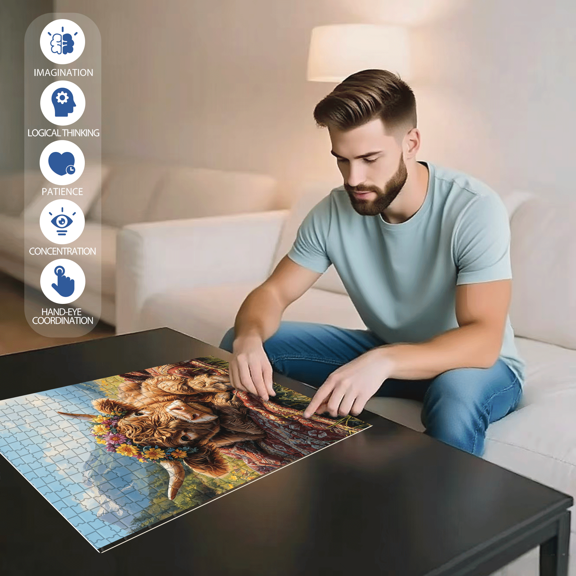 The Highland Cow Wearing A Garland 500pcs/1000pcs Jigsaw Puzzle, Scratch-Resistant, Interactive Family Game & Brain-Boosting DIY Decor, Perfect for Halloween, Christmas & New Year Gifts, Family Puzzle Game