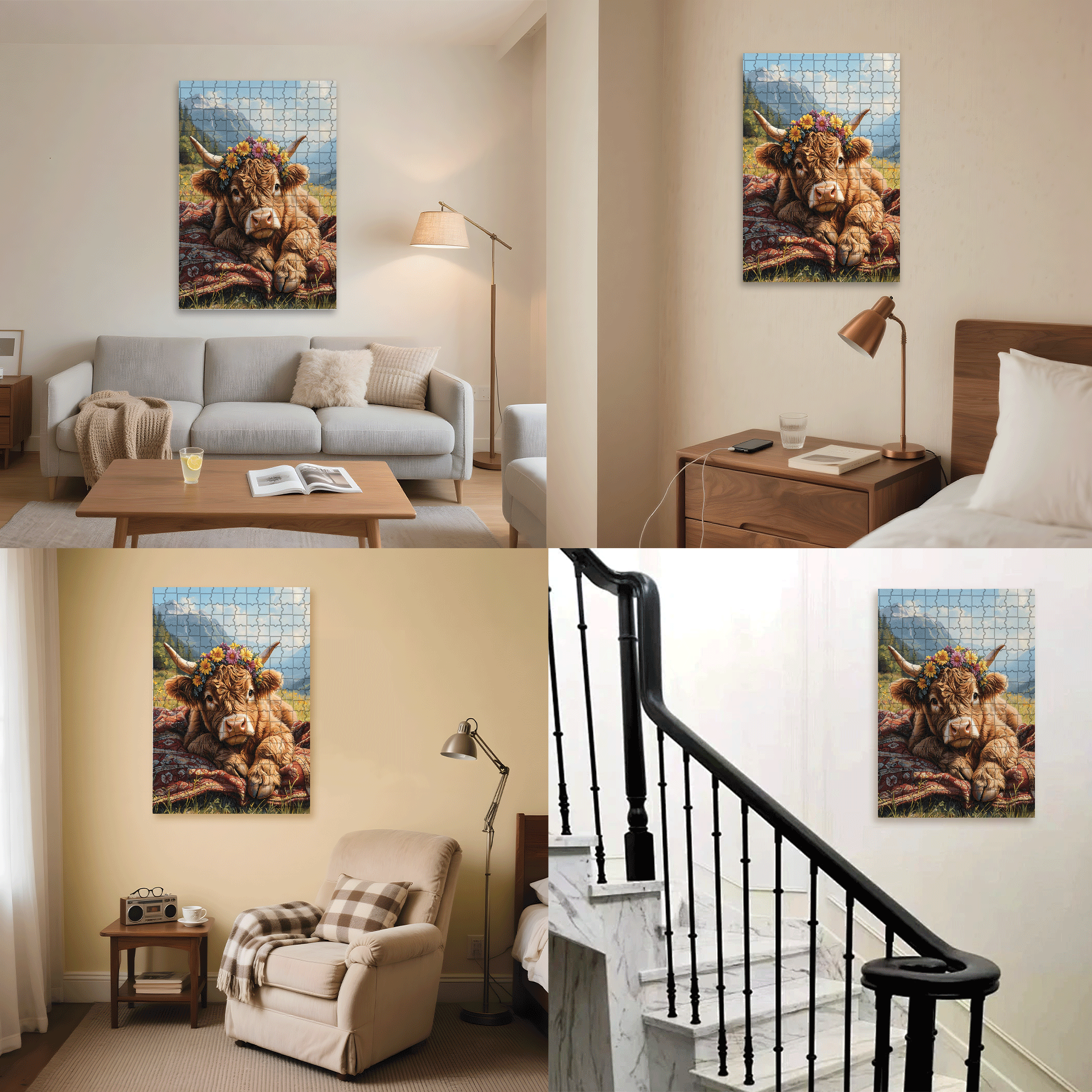The Highland Cow Wearing A Garland 500pcs/1000pcs Jigsaw Puzzle, Scratch-Resistant, Interactive Family Game & Brain-Boosting DIY Decor, Perfect for Halloween, Christmas & New Year Gifts, Family Puzzle Game