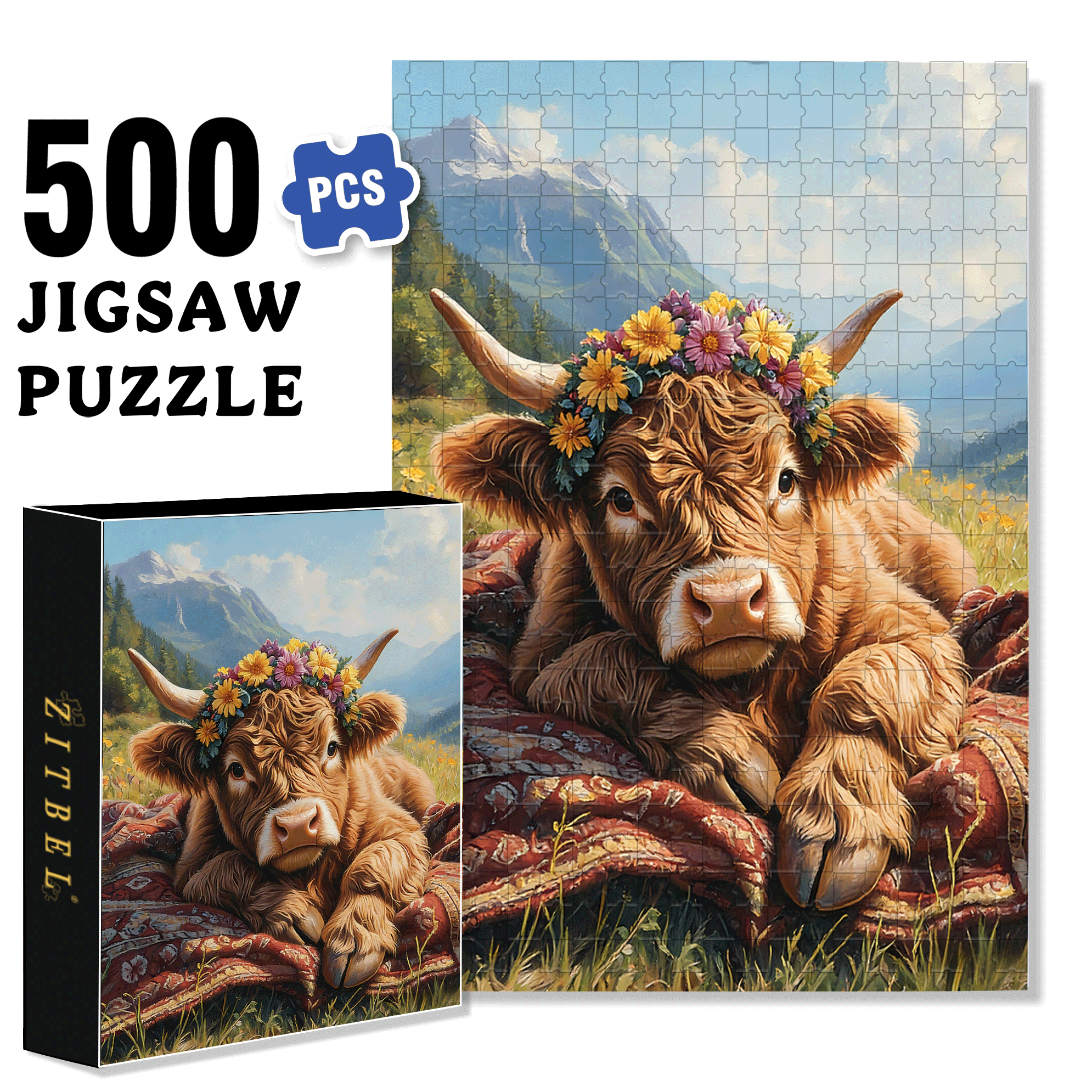 The Highland Cow Wearing A Garland 500pcs/1000pcs Jigsaw Puzzle, Scratch-Resistant, Interactive Family Game & Brain-Boosting DIY Decor, Perfect for Halloween, Christmas & New Year Gifts, Family Puzzle Game