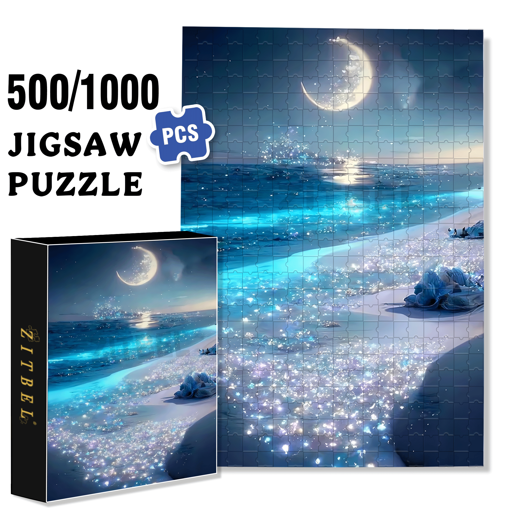 The Moon Sets On The Silver Beach 500pcs/1000pcs Jigsaw Puzzle, Scratch-Resistant, Interactive Family Game & Brain-Boosting DIY Decor, Perfect for Halloween, Christmas & New Year Gifts, Family Puzzle Game