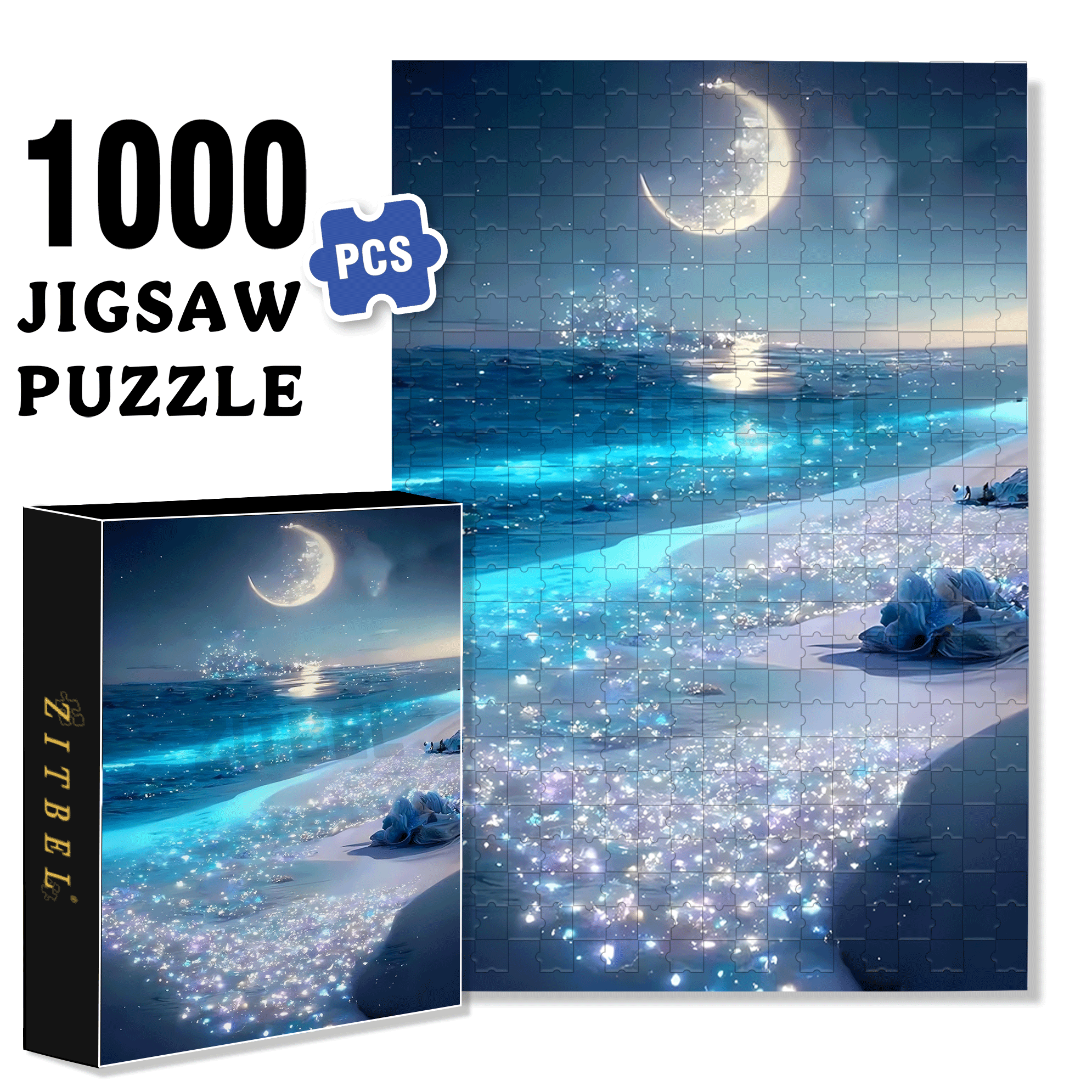 The Moon Sets On The Silver Beach 500pcs/1000pcs Jigsaw Puzzle, Scratch-Resistant, Interactive Family Game & Brain-Boosting DIY Decor, Perfect for Halloween, Christmas & New Year Gifts, Family Puzzle Game