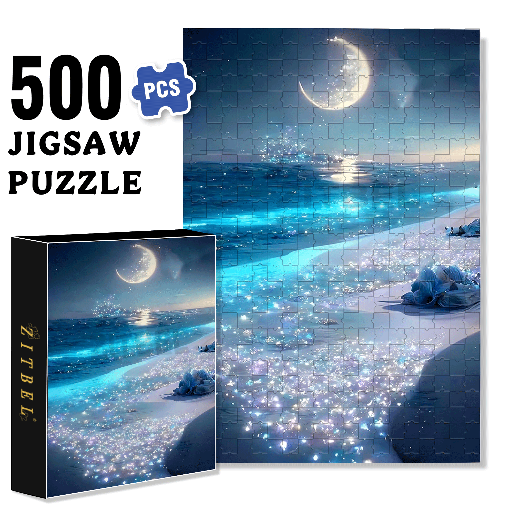 The Moon Sets On The Silver Beach 500pcs/1000pcs Jigsaw Puzzle, Scratch-Resistant, Interactive Family Game & Brain-Boosting DIY Decor, Perfect for Halloween, Christmas & New Year Gifts, Family Puzzle Game