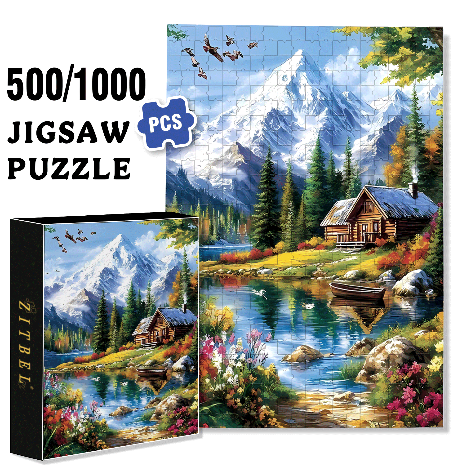 The Wooden House By The Snow-capped Lake 500pcs/1000pcs Jigsaw Puzzle, Scratch-Resistant, Interactive Family Game & Brain-Boosting DIY Decor, Perfect for Halloween, Christmas & New Year Gifts, Family Puzzle Game