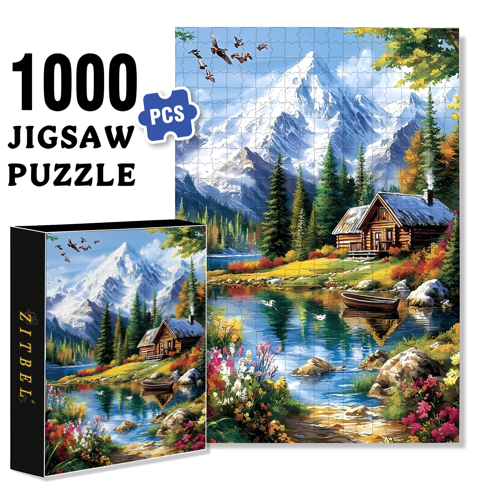 The Wooden House By The Snow-capped Lake 500pcs/1000pcs Jigsaw Puzzle, Scratch-Resistant, Interactive Family Game & Brain-Boosting DIY Decor, Perfect for Halloween, Christmas & New Year Gifts, Family Puzzle Game