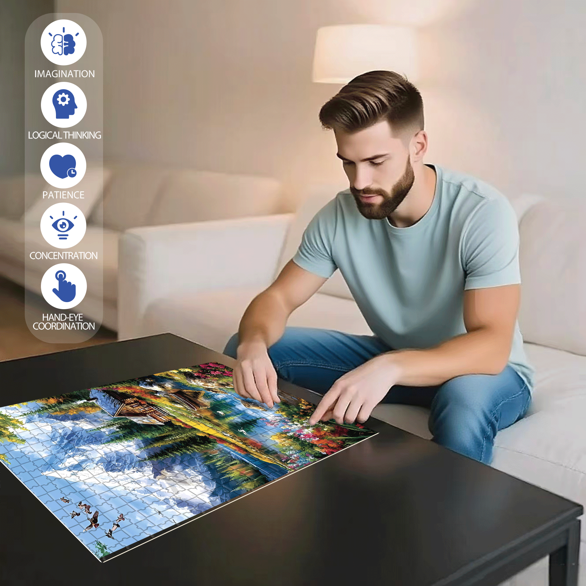 The Wooden House By The Snow-capped Lake 500pcs/1000pcs Jigsaw Puzzle, Scratch-Resistant, Interactive Family Game & Brain-Boosting DIY Decor, Perfect for Halloween, Christmas & New Year Gifts, Family Puzzle Game