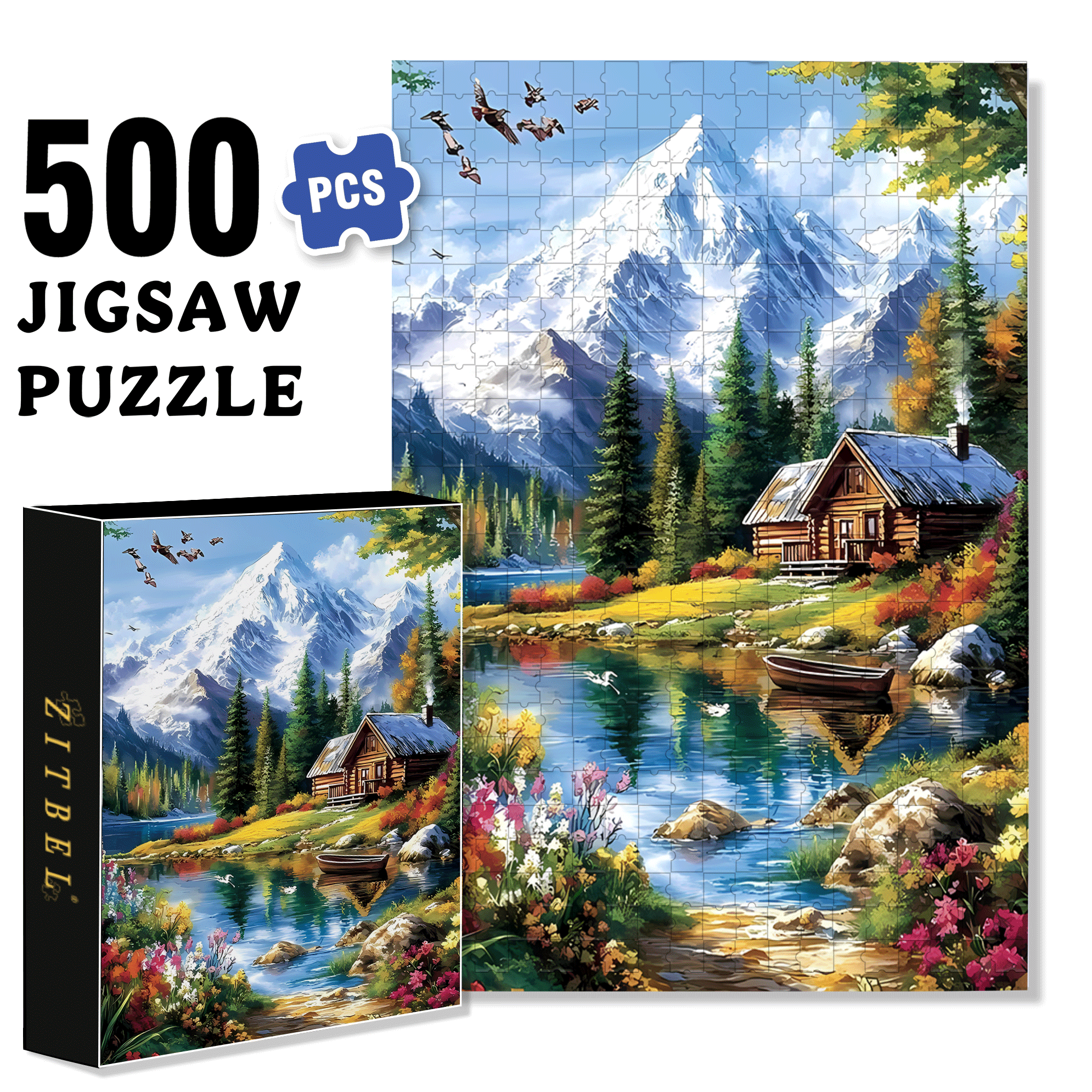 The Wooden House By The Snow-capped Lake 500pcs/1000pcs Jigsaw Puzzle, Scratch-Resistant, Interactive Family Game & Brain-Boosting DIY Decor, Perfect for Halloween, Christmas & New Year Gifts, Family Puzzle Game