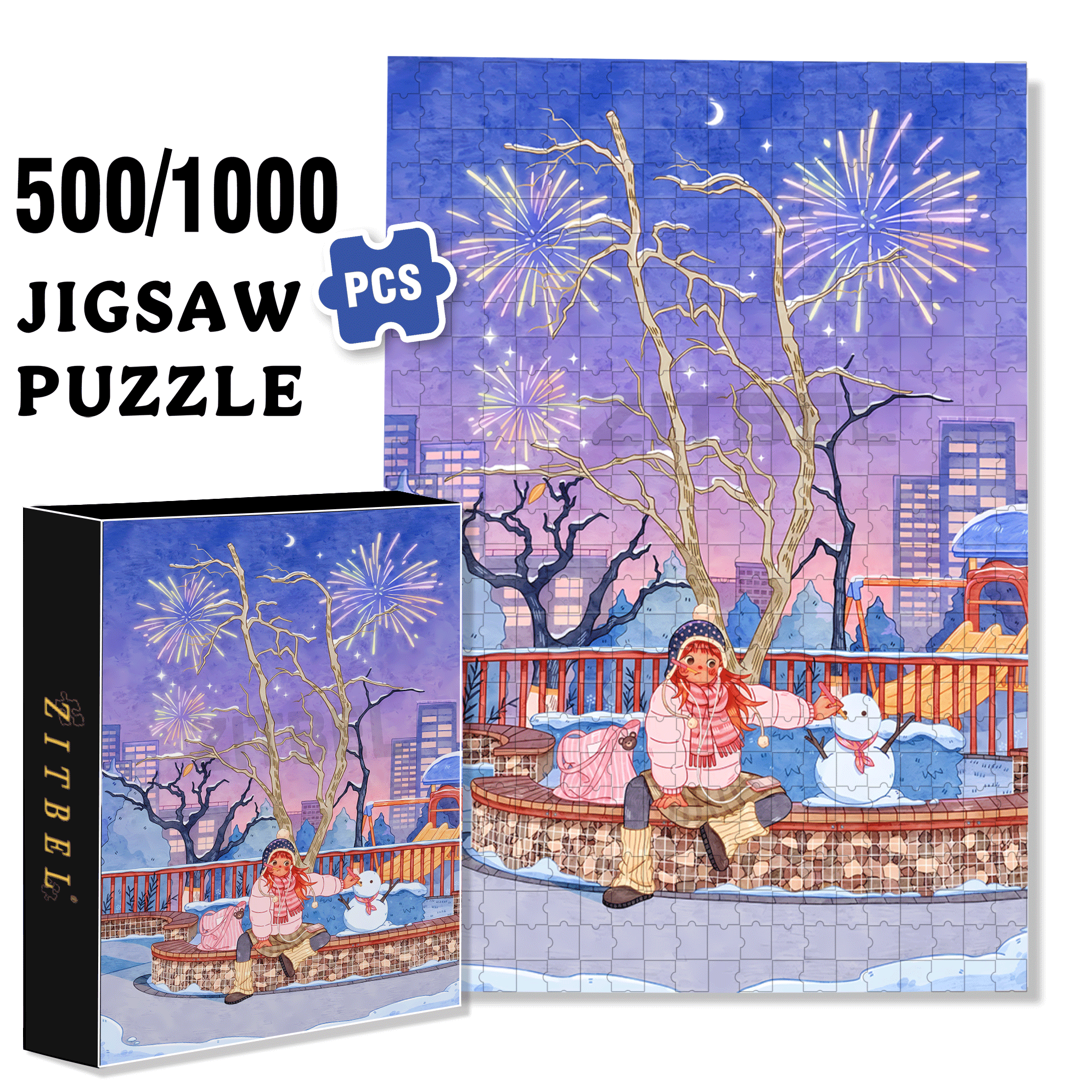 Winter Night Fireworks 500pcs/1000pcs Jigsaw Puzzle, Scratch-Resistant, Interactive Family Game & Brain-Boosting DIY Decor, Perfect for Halloween, Christmas & New Year Gifts, Family Puzzle Game