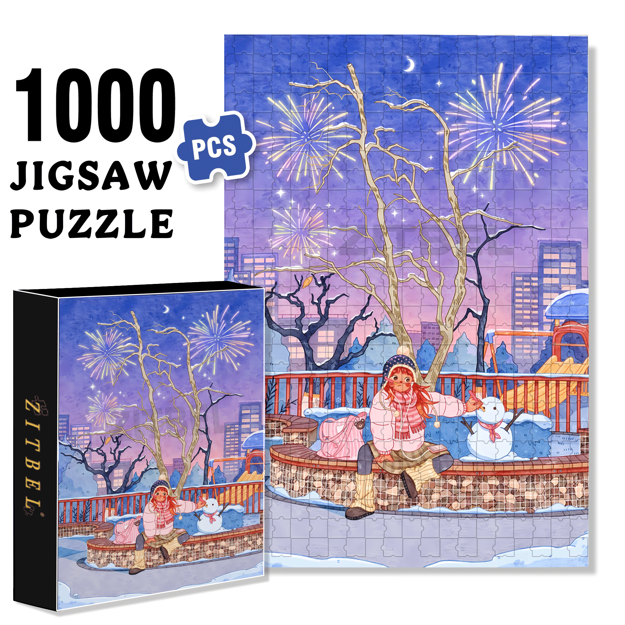 Winter Night Fireworks 500pcs/1000pcs Jigsaw Puzzle, Scratch-Resistant, Interactive Family Game & Brain-Boosting DIY Decor, Perfect for Halloween, Christmas & New Year Gifts, Family Puzzle Game