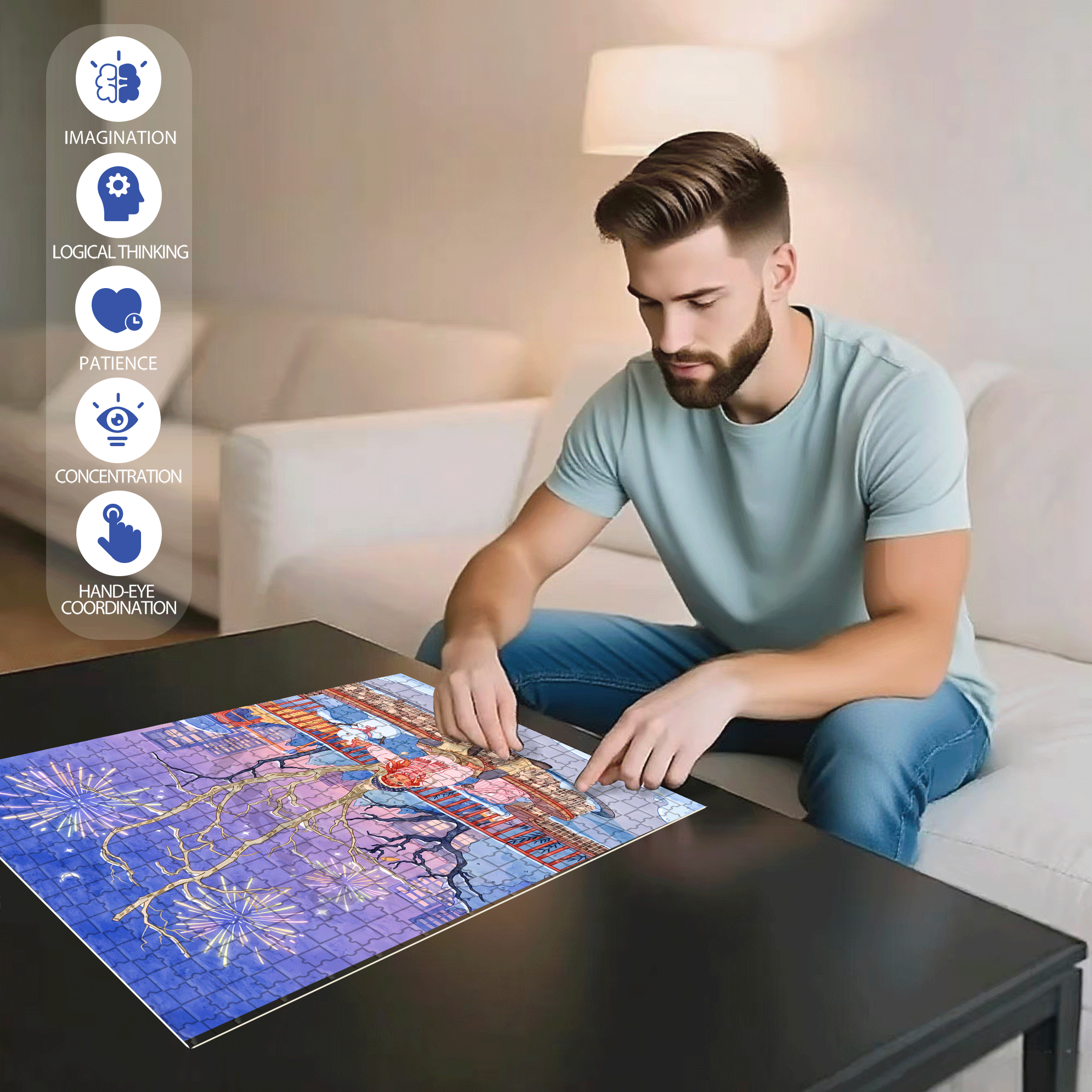 Winter Night Fireworks 500pcs/1000pcs Jigsaw Puzzle, Scratch-Resistant, Interactive Family Game & Brain-Boosting DIY Decor, Perfect for Halloween, Christmas & New Year Gifts, Family Puzzle Game