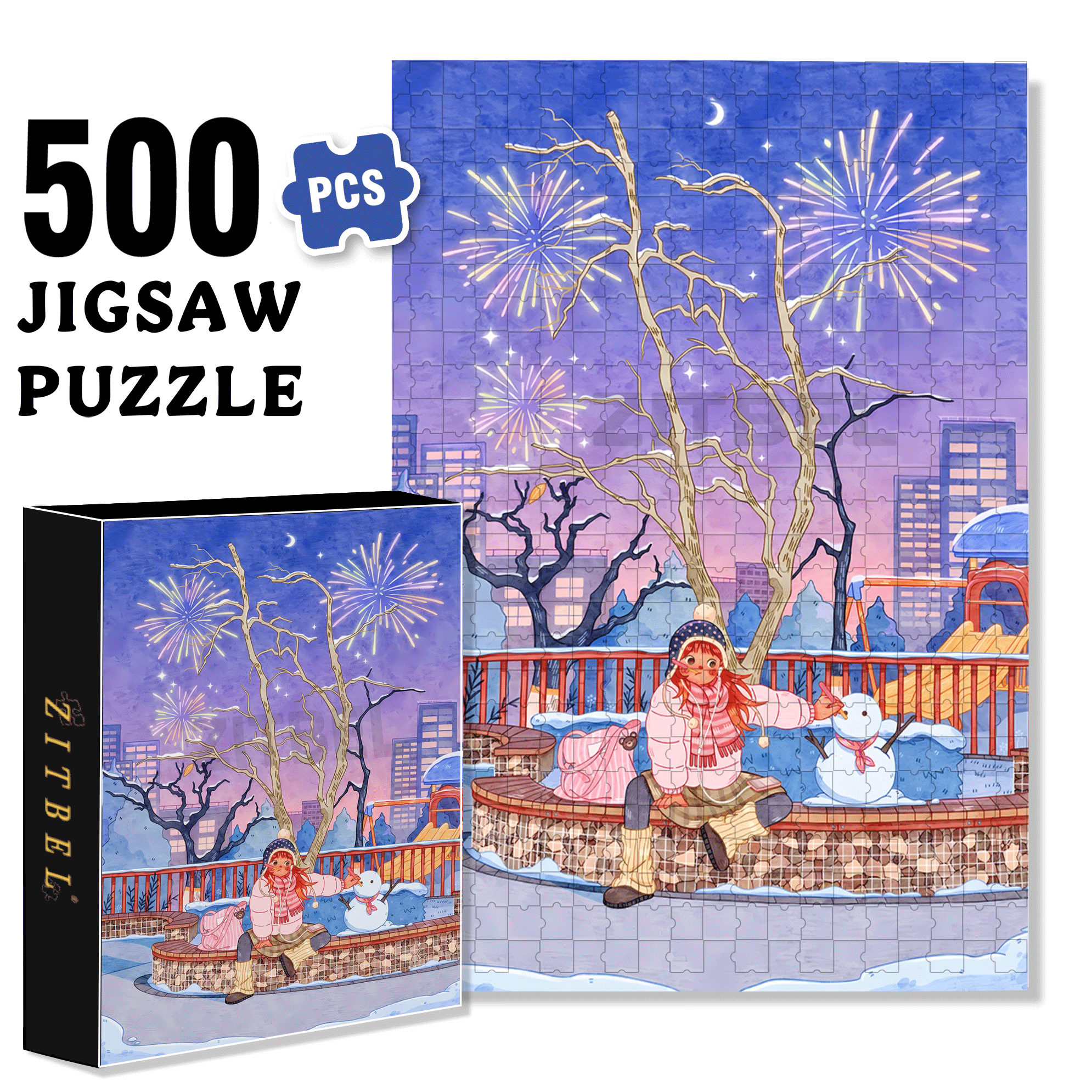 Winter Night Fireworks 500pcs/1000pcs Jigsaw Puzzle, Scratch-Resistant, Interactive Family Game & Brain-Boosting DIY Decor, Perfect for Halloween, Christmas & New Year Gifts, Family Puzzle Game