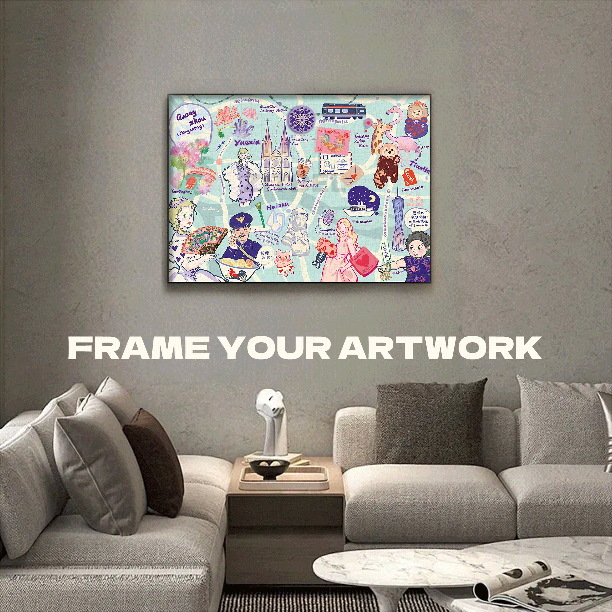 Guangzhou Tourist Map 500pcs/1000pcs Jigsaw Puzzle, Scratch-Resistant, Interactive Family Game & Brain-Boosting DIY Decor, Perfect for Halloween, Christmas & New Year Gifts, Family Puzzle Game