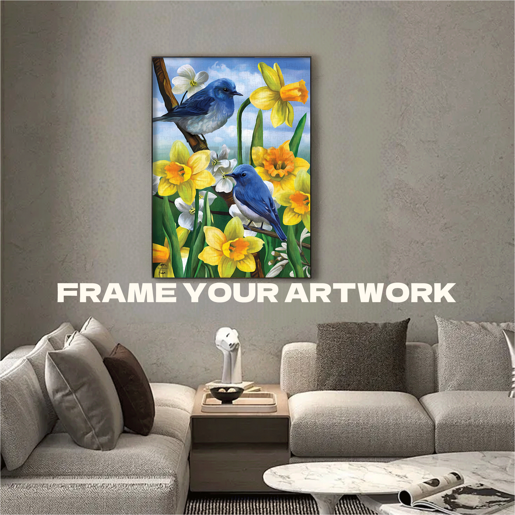 Bluebirds And Daffodils Spring Garden 500pcs/1000pcs Jigsaw Puzzle, Scratch-Resistant, Interactive Family Game & Brain-Boosting DIY Decor, Perfect for Halloween, Christmas & New Year Gifts, Family Puzzle Game