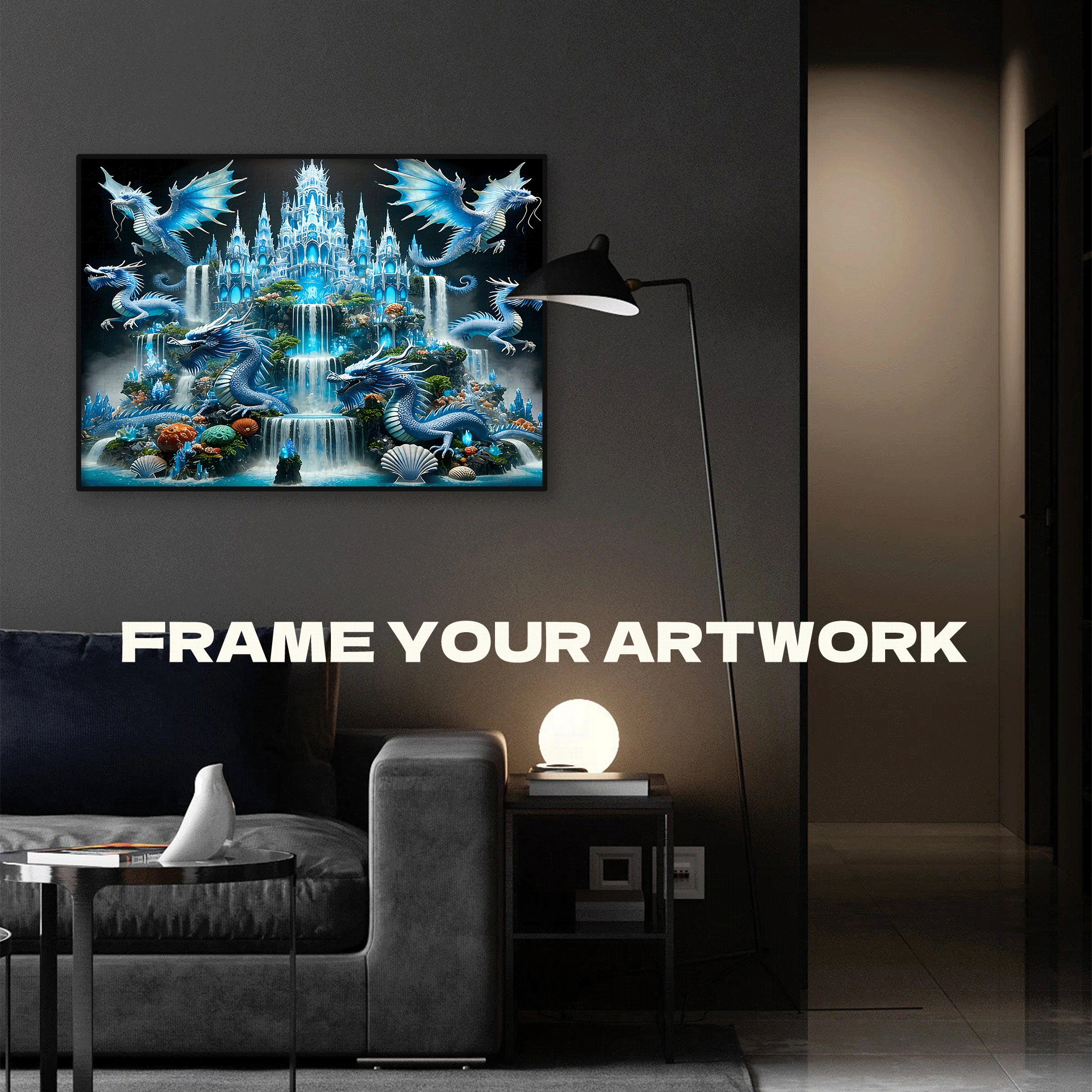 Ice Blue Dragon Realm 500pcs/1000pcs Jigsaw Puzzle, Scratch-Resistant, Interactive Family Game & Brain-Boosting DIY Decor, Perfect for Halloween, Christmas & New Year Gifts, Family Puzzle Game