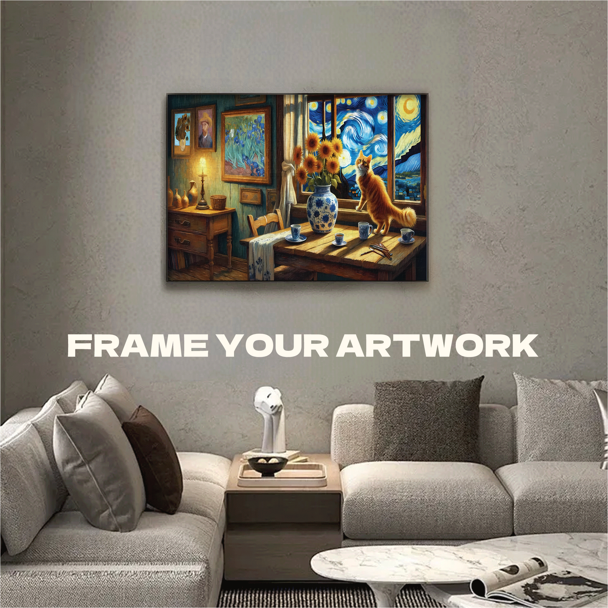Van Gogh's Cat On A Starry Night 500pcs/1000pcs Jigsaw Puzzle, Scratch-Resistant, Interactive Family Game & Brain-Boosting DIY Decor, Perfect for Halloween, Christmas & New Year Gifts, Family Puzzle Game