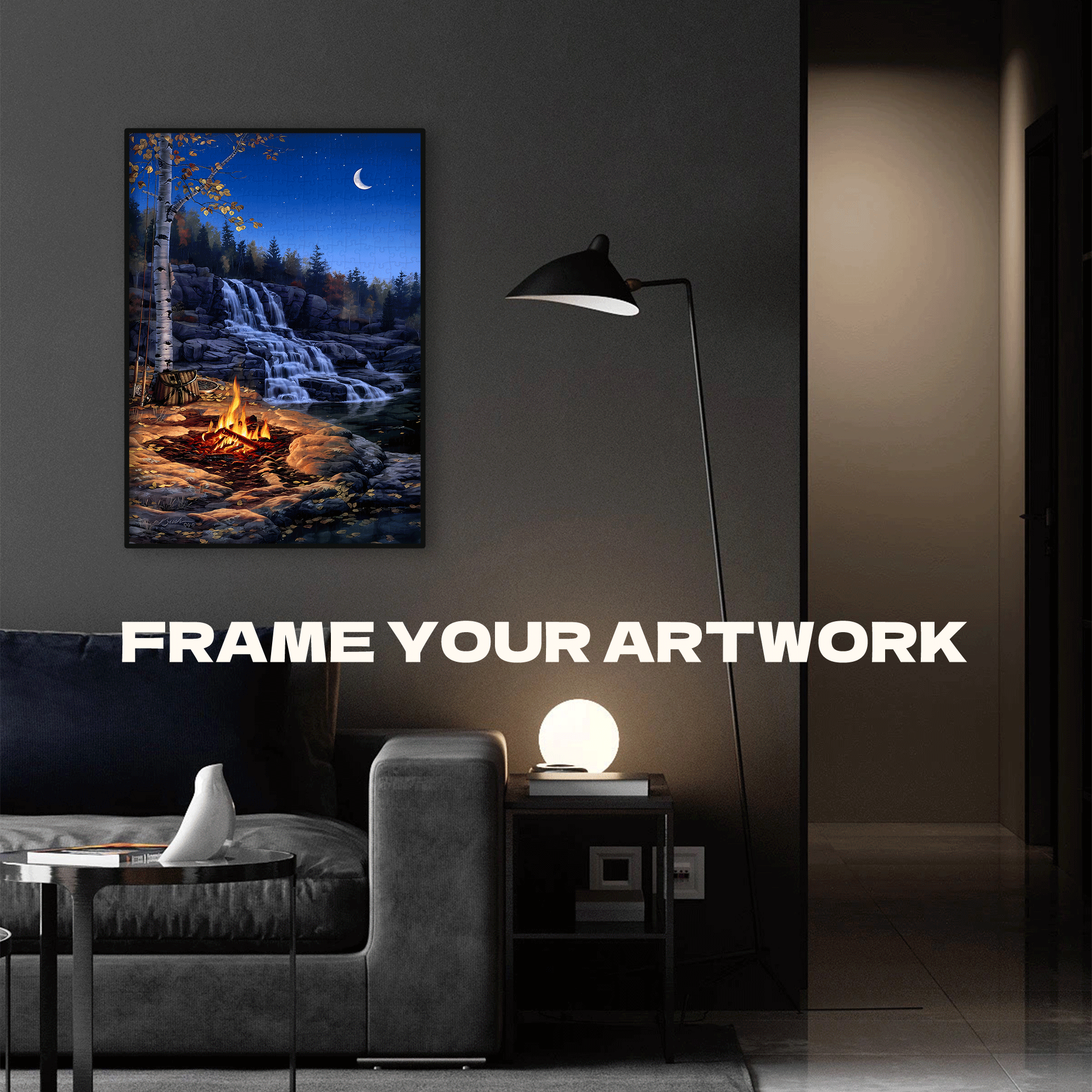 Campfire By The Moonlit Stream 500pcs/1000pcs Jigsaw Puzzle, Scratch-Resistant, Interactive Family Game & Brain-Boosting DIY Decor, Perfect for Halloween, Christmas & New Year Gifts, Family Puzzle Game