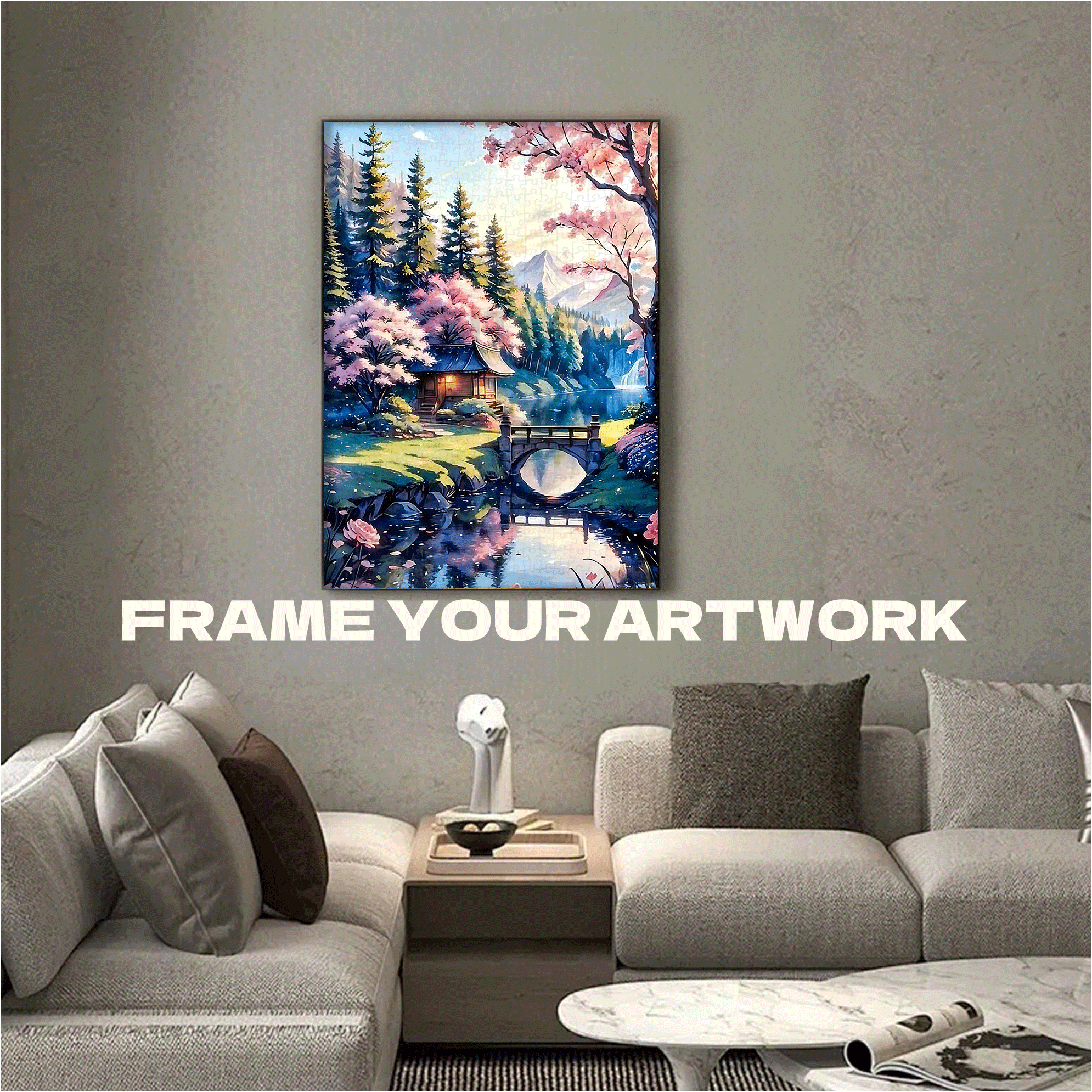 Cherry Blossoms Falling by the Stream Bridge 500pcs/1000pcs Jigsaw Puzzle, Scratch-Resistant, Interactive Family Game & Brain-Boosting DIY Decor, Perfect for Halloween, Christmas & New Year Gifts, Family Puzzle Game