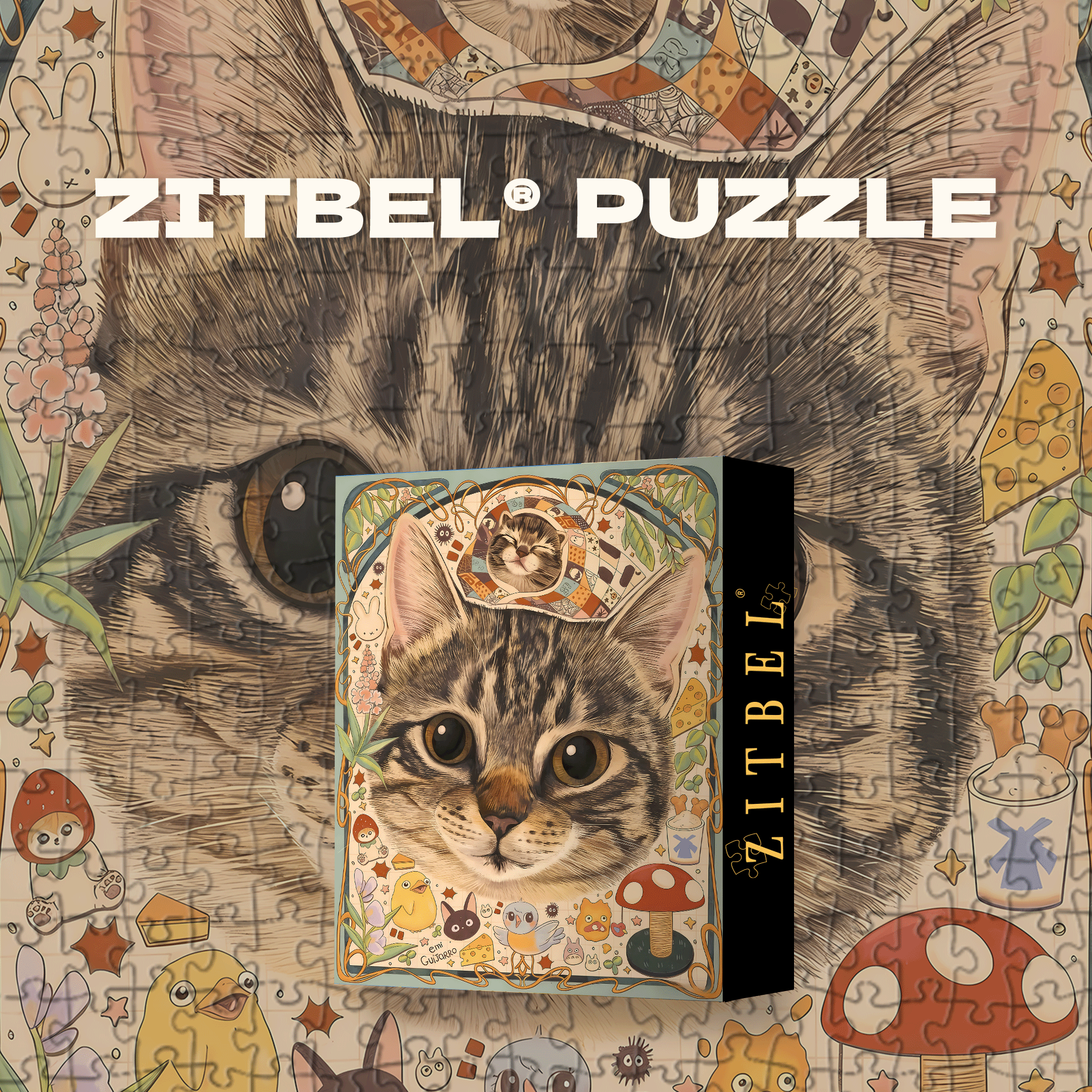 Cute Tabby 500pcs/1000pcs Jigsaw Puzzle, Scratch-Resistant, Interactive Family Game & Brain-Boosting DIY Decor, Perfect for Halloween, Christmas & New Year Gifts, Family Puzzle Game