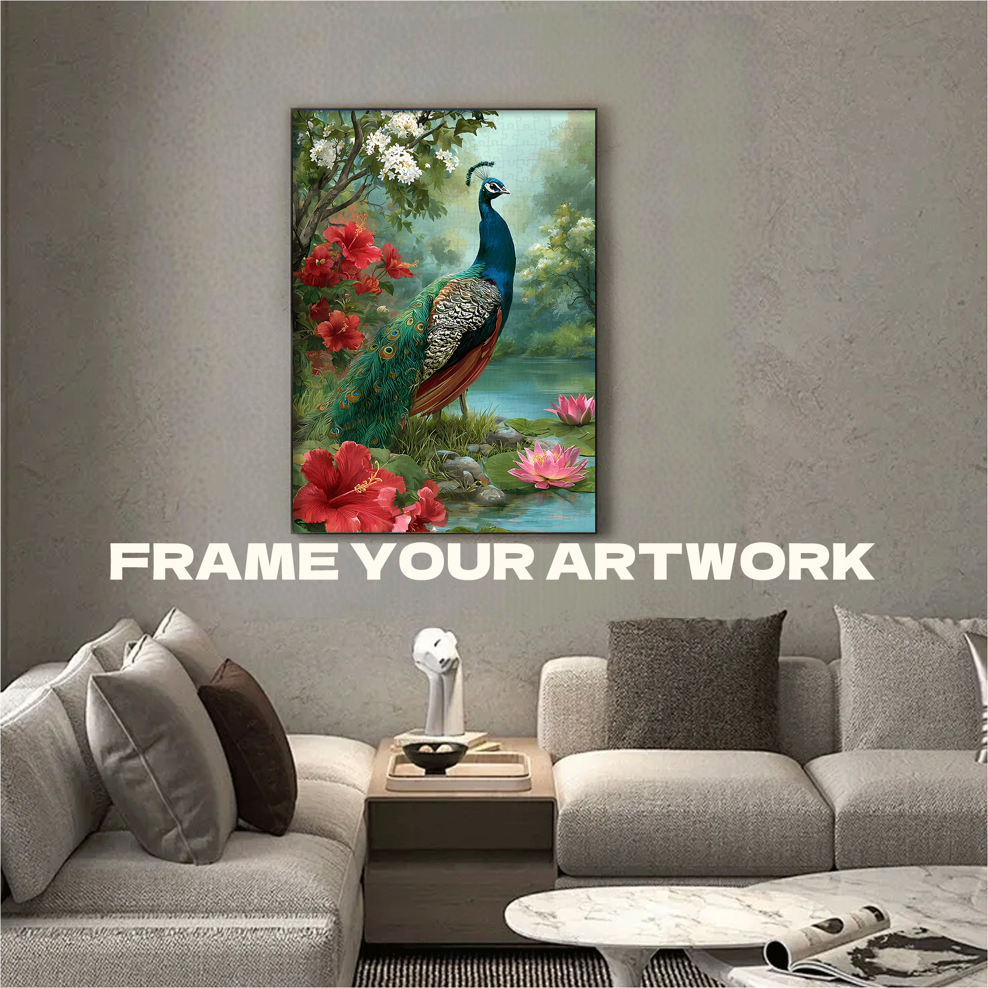 Majestic Peacock in Lotus Garden 500pcs/1000pcs Jigsaw Puzzle, Scratch-Resistant, Interactive Family Game & Brain-Boosting DIY Decor, Perfect for Halloween, Christmas & New Year Gifts, Family Puzzle Game
