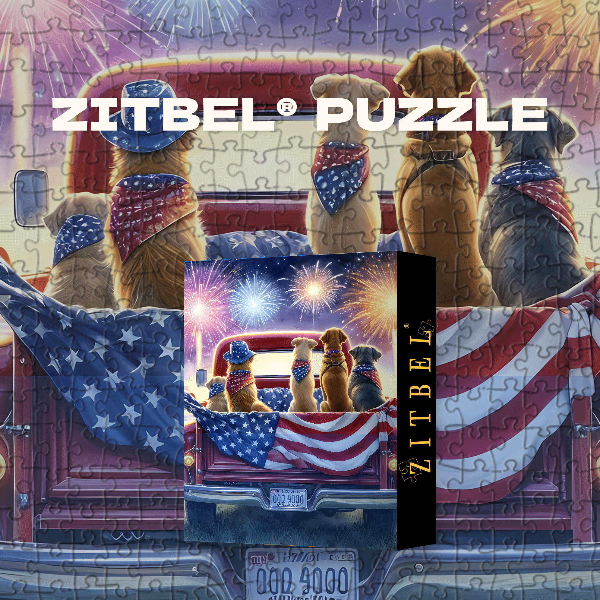 Patriotic Pup Party On The Pickup 500pcs/1000pcs Jigsaw Puzzle, Scratch-Resistant, Interactive Family Game & Brain-Boosting DIY Decor, Perfect for Halloween, Christmas & New Year Gifts, Family Puzzle Game