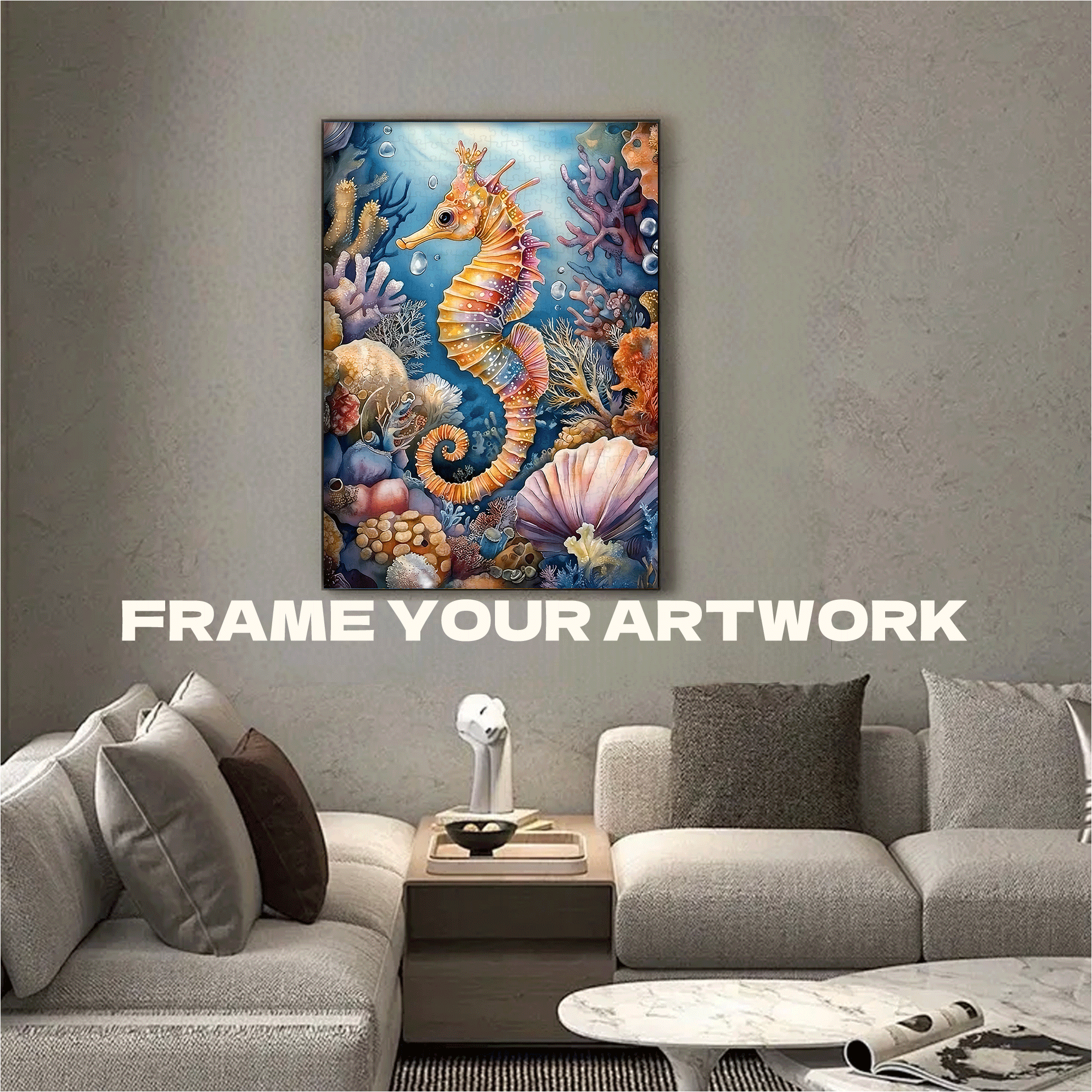 Rainbow Seahorse in the Coral Secret Realm 500pcs/1000pcs Jigsaw Puzzle, Scratch-Resistant, Interactive Family Game & Brain-Boosting DIY Decor, Perfect for Halloween, Christmas & New Year Gifts, Family Puzzle Game