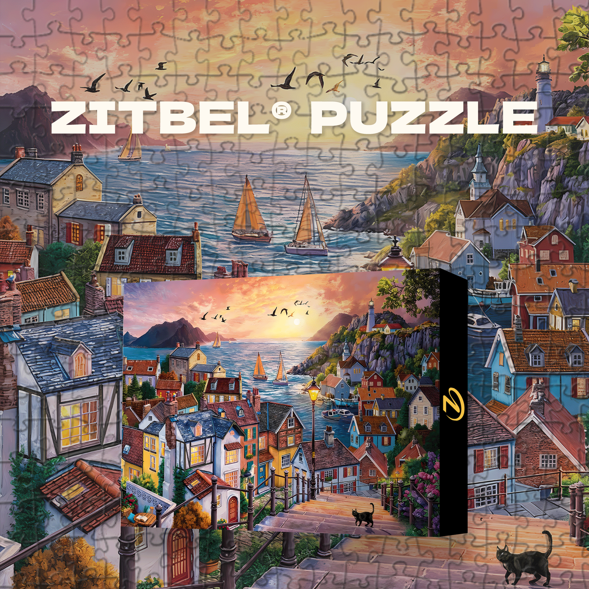 Coastal Town at Sunset 500pcs/1000pcs Jigsaw Puzzle, Scratch-Resistant, Interactive Family Game & Brain-Boosting DIY Decor, Perfect for Halloween, Christmas & New Year Gifts, Family Puzzle Game