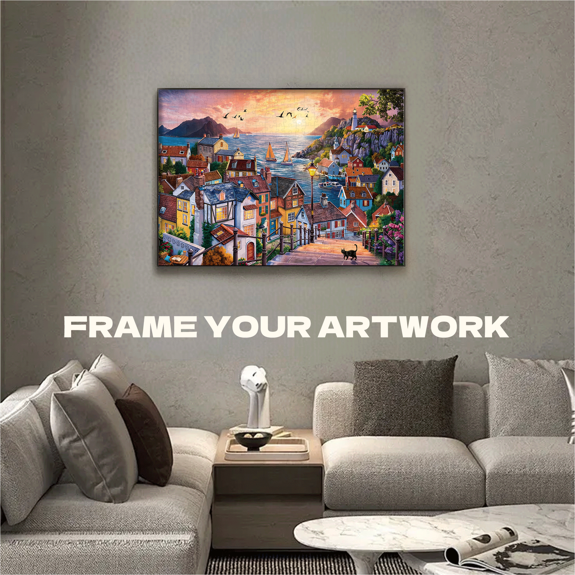 Coastal Town at Sunset 500pcs/1000pcs Jigsaw Puzzle, Scratch-Resistant, Interactive Family Game & Brain-Boosting DIY Decor, Perfect for Halloween, Christmas & New Year Gifts, Family Puzzle Game