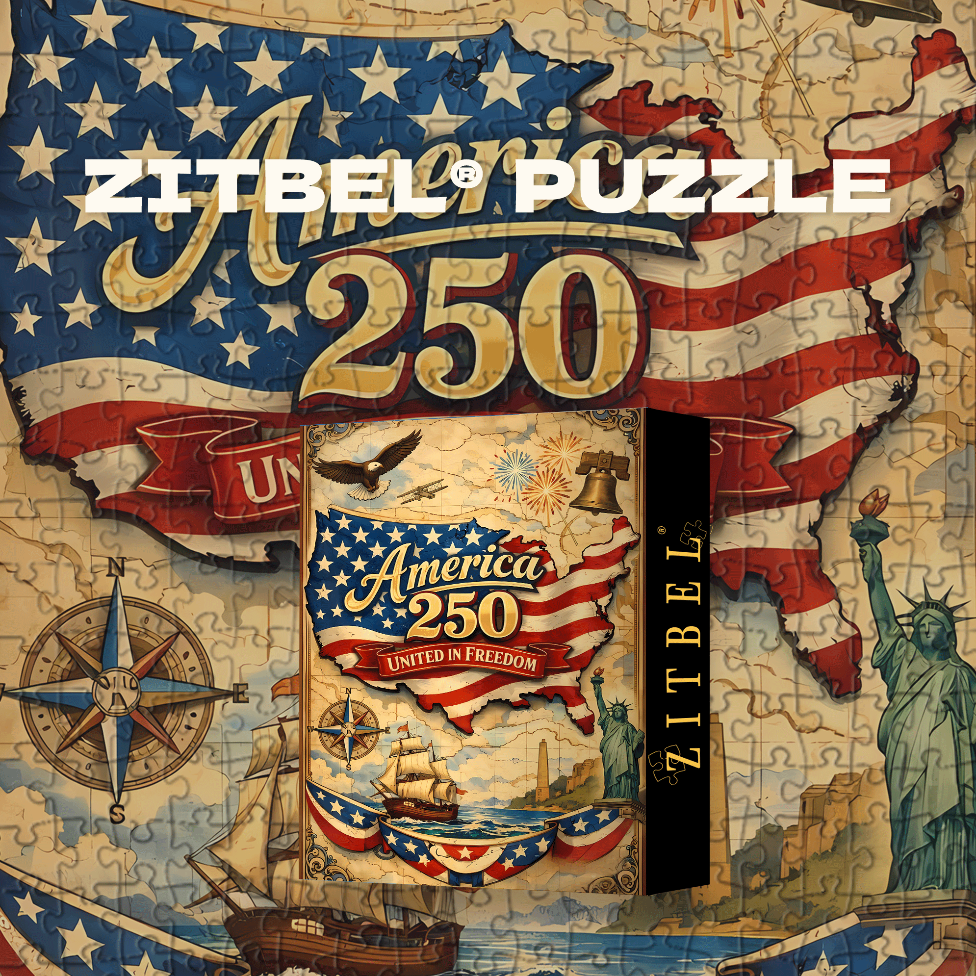 America 250 United in Freedom by Carlos V 500pcs/1000pcs Jigsaw Puzzle, Scratch-Resistant, Interactive Family Game & Brain-Boosting DIY Decor, Perfect for Halloween, Christmas & New Year Gifts, Family Puzzle Game