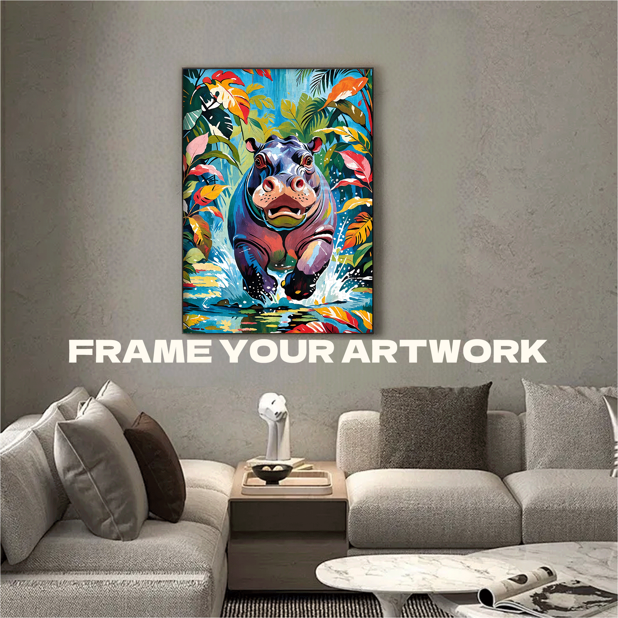 Happy Hippo - Oil Painting 500pcs/1000pcs Jigsaw Puzzle, Scratch-Resistant, Interactive Family Game & Brain-Boosting DIY Decor, Perfect for Halloween, Christmas & New Year Gifts, Family Puzzle Game