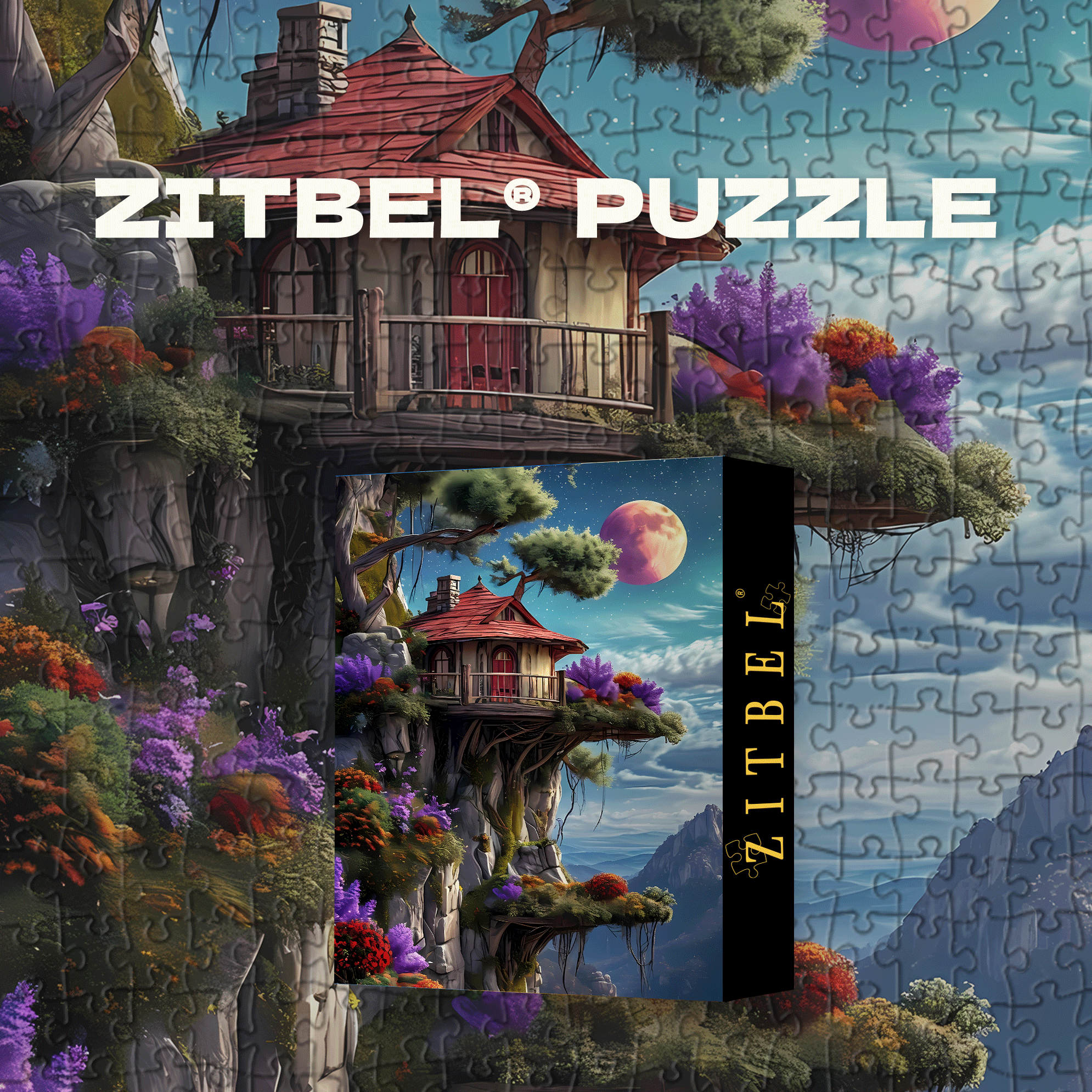 Moonrise Cottage on the Cliffside 500pcs/1000pcs Jigsaw Puzzle, Scratch-Resistant, Interactive Family Game & Brain-Boosting DIY Decor, Perfect for Halloween, Christmas & New Year Gifts, Family Puzzle Game