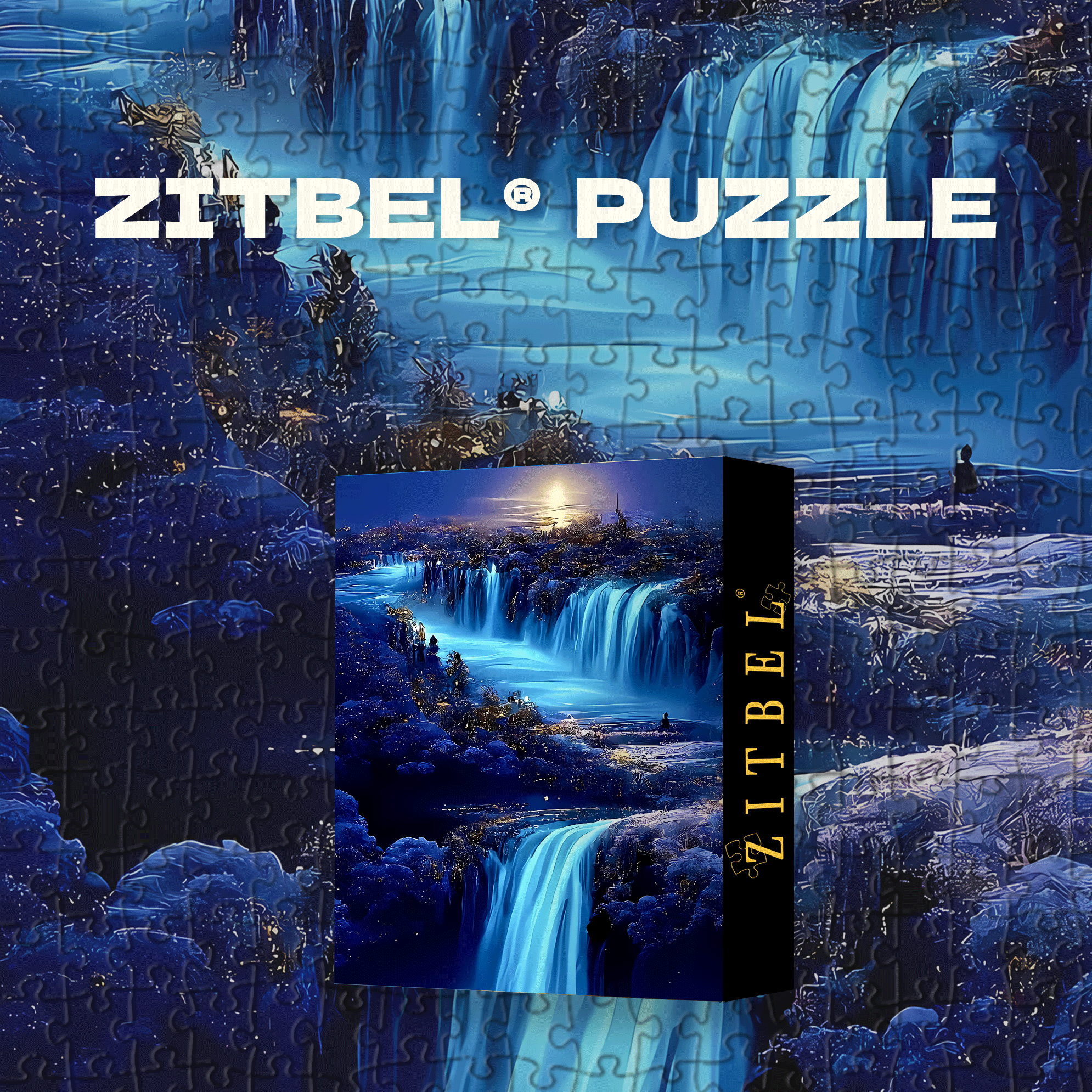 Mysterious Blue Waterfalls Under the Moon 500pcs/1000pcs Jigsaw Puzzle, Scratch-Resistant, Interactive Family Game & Brain-Boosting DIY Decor, Perfect for Halloween, Christmas & New Year Gifts, Family Puzzle Game