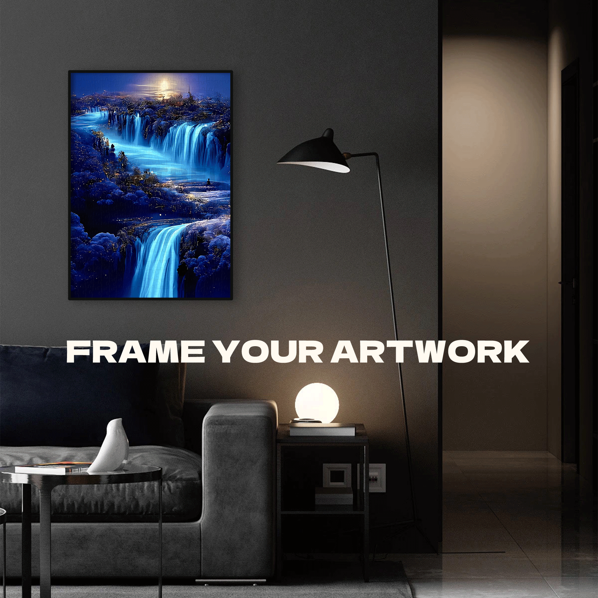 Mysterious Blue Waterfalls Under the Moon 500pcs/1000pcs Jigsaw Puzzle, Scratch-Resistant, Interactive Family Game & Brain-Boosting DIY Decor, Perfect for Halloween, Christmas & New Year Gifts, Family Puzzle Game