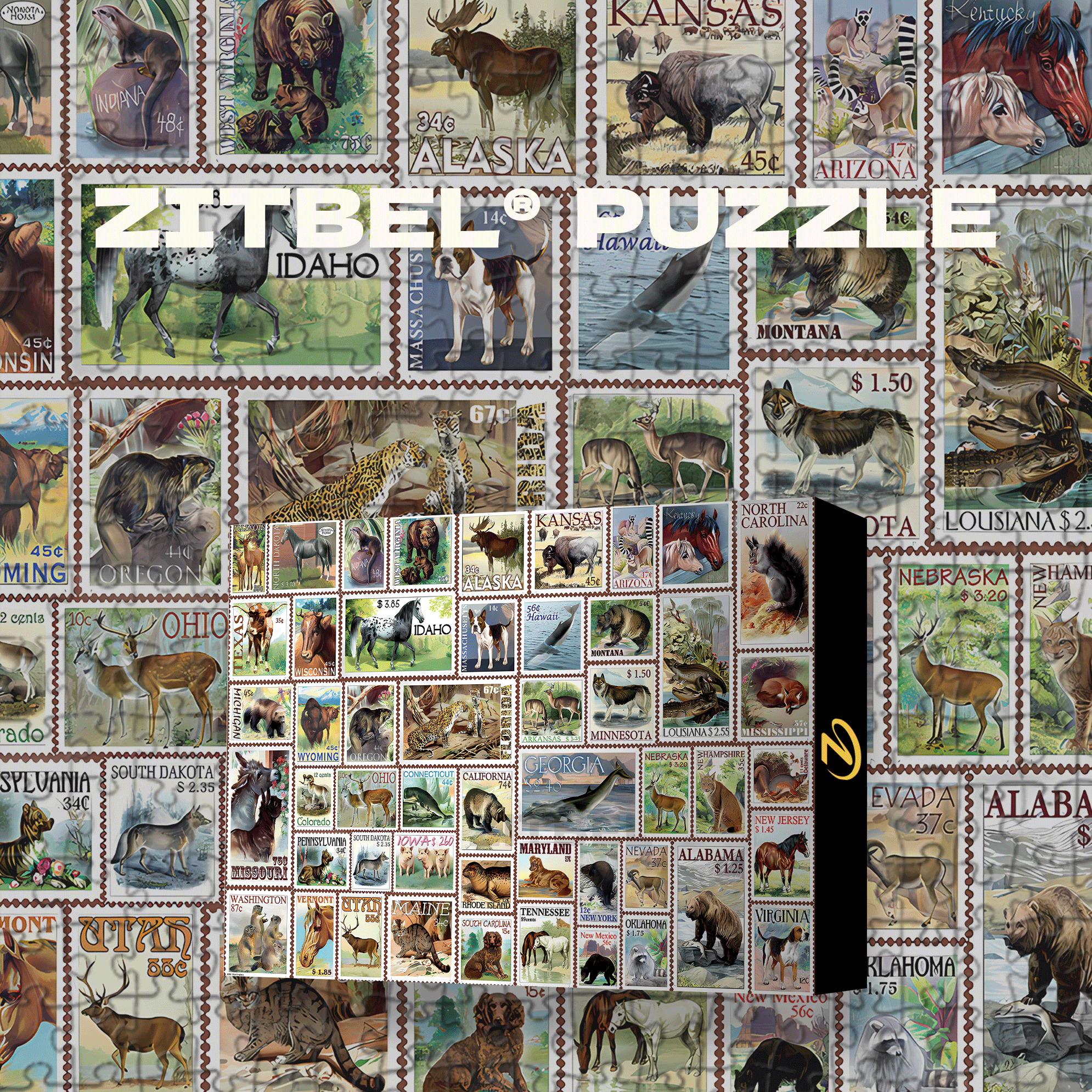 North American Wildlife Vintage Stamps 500pcs/1000pcs Jigsaw Puzzle, Scratch-Resistant, Interactive Family Game & Brain-Boosting DIY Decor, Perfect for Halloween, Christmas & New Year Gifts, Family Puzzle Game