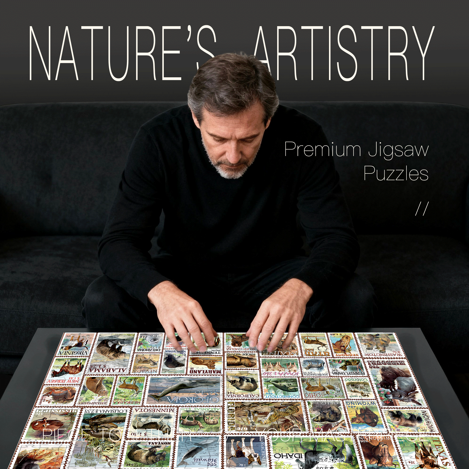 North American Wildlife Vintage Stamps 500pcs/1000pcs Jigsaw Puzzle, Scratch-Resistant, Interactive Family Game & Brain-Boosting DIY Decor, Perfect for Halloween, Christmas & New Year Gifts, Family Puzzle Game