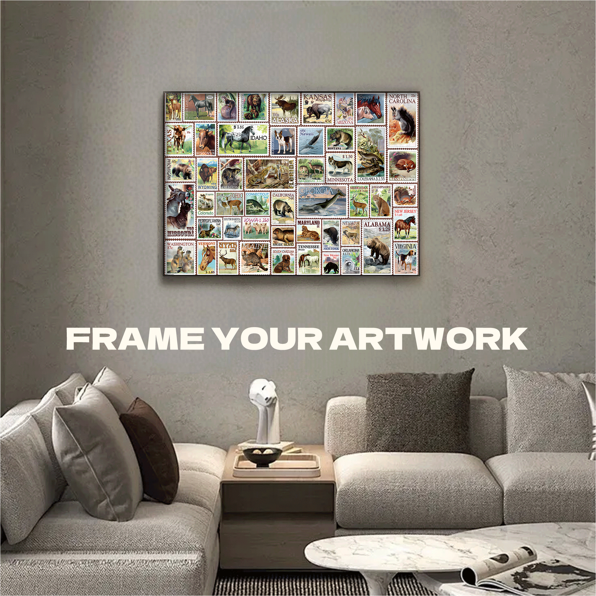 North American Wildlife Vintage Stamps 500pcs/1000pcs Jigsaw Puzzle, Scratch-Resistant, Interactive Family Game & Brain-Boosting DIY Decor, Perfect for Halloween, Christmas & New Year Gifts, Family Puzzle Game