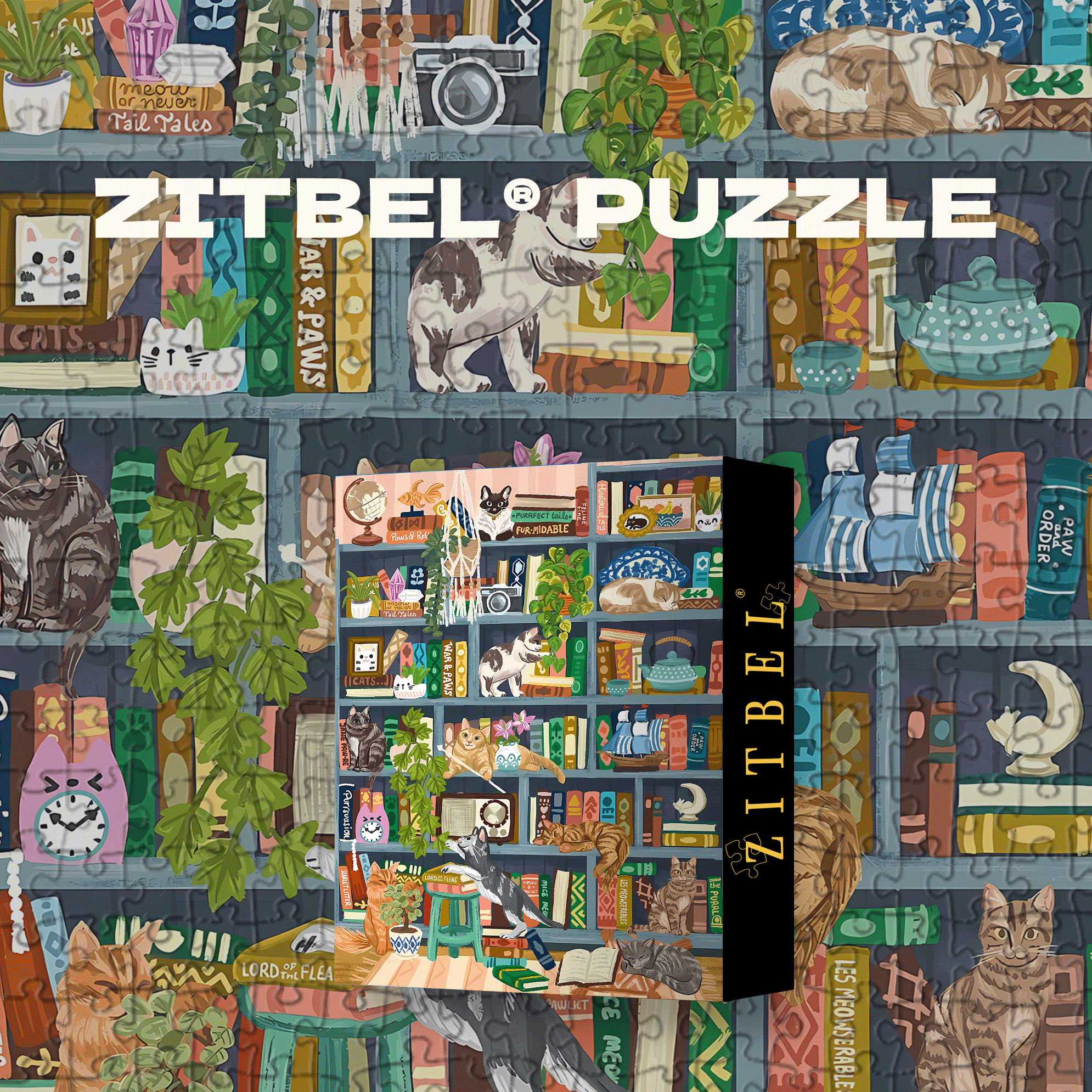 Cats At Home Library 500pcs/1000pcs Jigsaw Puzzle, Scratch-Resistant, Interactive Family Game & Brain-Boosting DIY Decor, Perfect for Halloween, Christmas & New Year Gifts, Family Puzzle Game