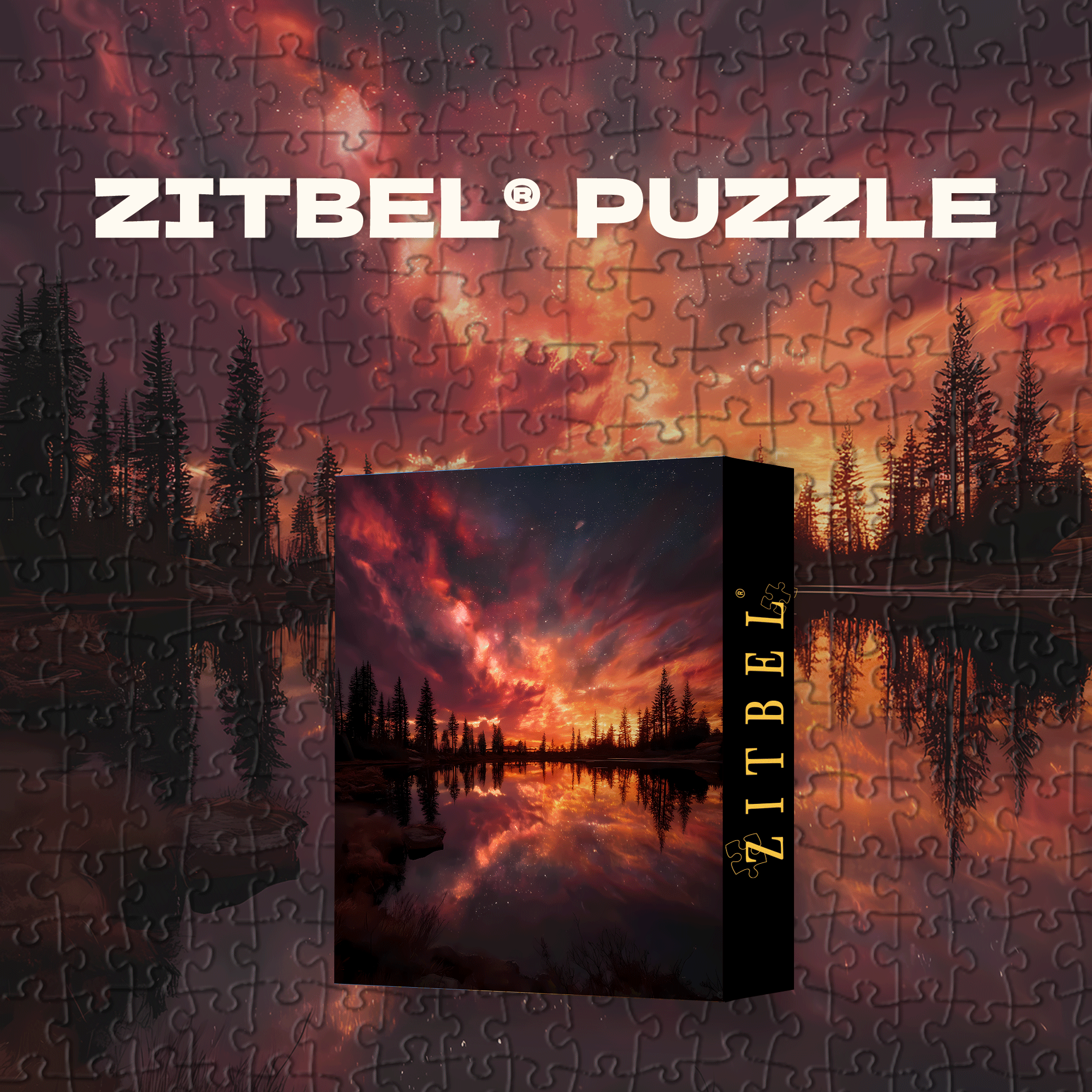 Crimson Starry Sky Reflecting on Pine Forest Lake 500pcs/1000pcs Jigsaw Puzzle, Scratch-Resistant, Interactive Family Game & Brain-Boosting DIY Decor, Perfect for Halloween, Christmas & New Year Gifts, Family Puzzle Game