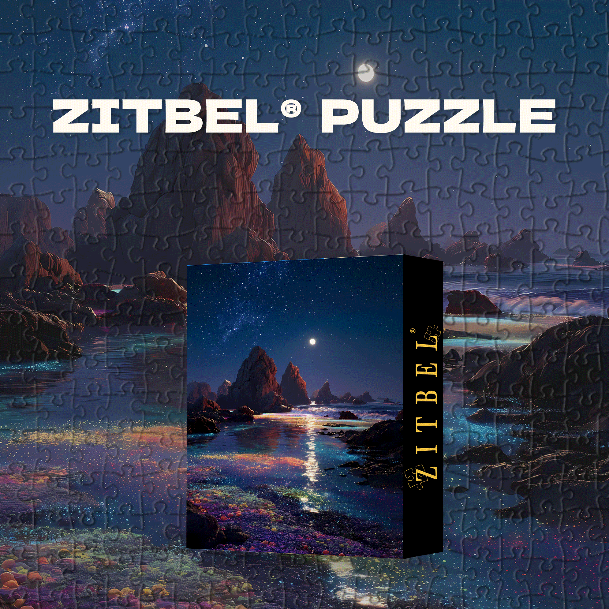 Moonrise Over Colorful Coast Reflecting Starry Tides 500pcs/1000pcs Jigsaw Puzzle, Scratch-Resistant, Interactive Family Game & Brain-Boosting DIY Decor, Perfect for Halloween, Christmas & New Year Gifts, Family Puzzle Game