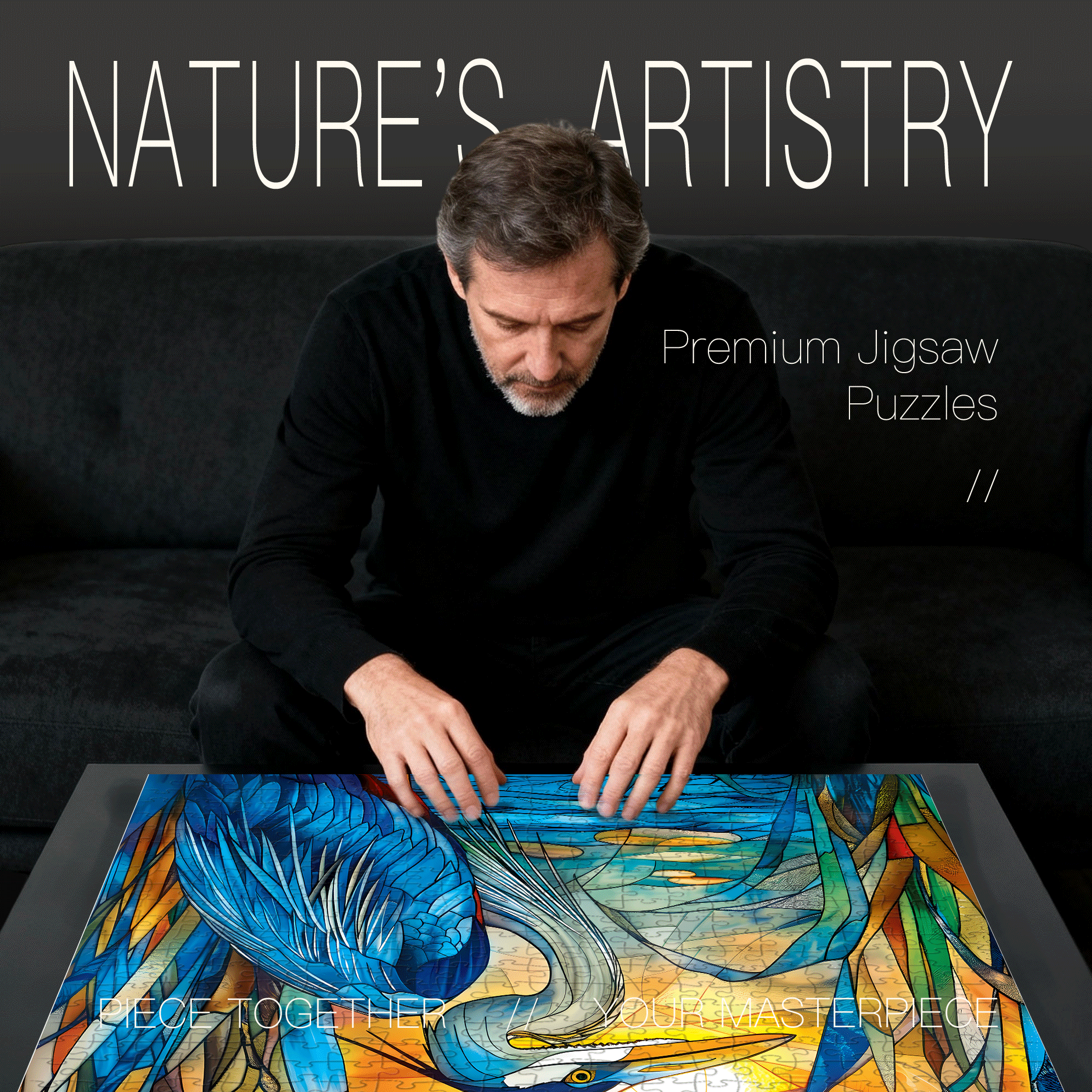 Stained Glass-Egret 500pcs/1000pcs Jigsaw Puzzle, Scratch-Resistant, Interactive Family Game & Brain-Boosting DIY Decor, Perfect for Halloween, Christmas & New Year Gifts, Family Puzzle Game